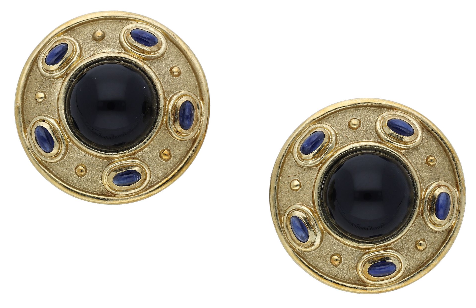 A pair of 18ct gold garnet and sapphire earrings, comprising a garnet cabochon within a surr...