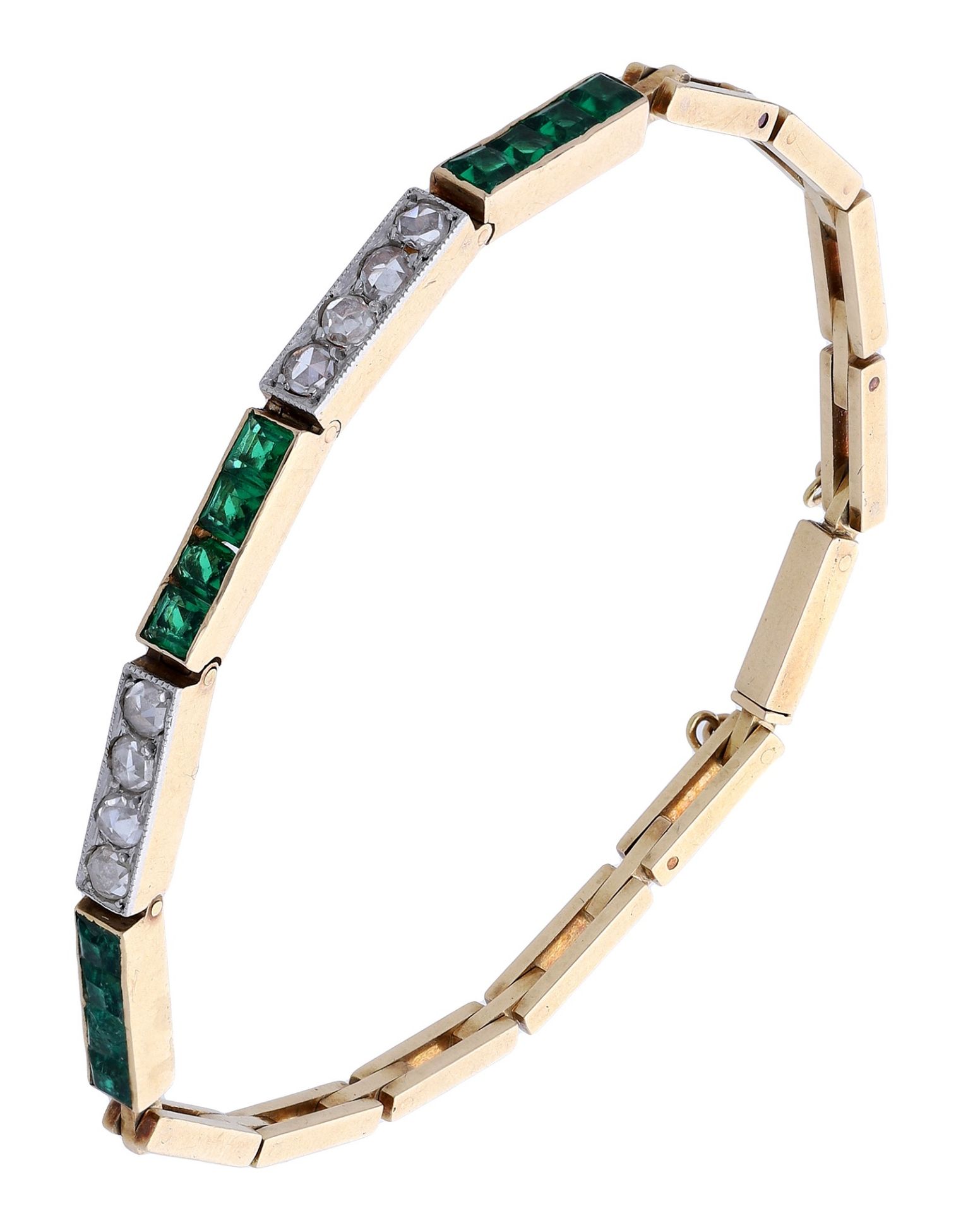 A diamond bracelet, set with alternating panels of rose-cut diamonds and step-cut green past...
