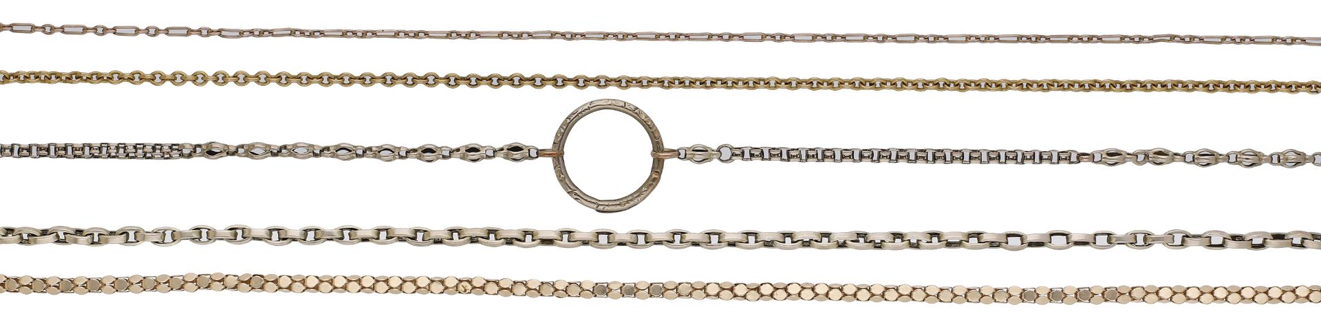 A small collection of chains, comprising three 9ct gold chains and two further unmarked chai...