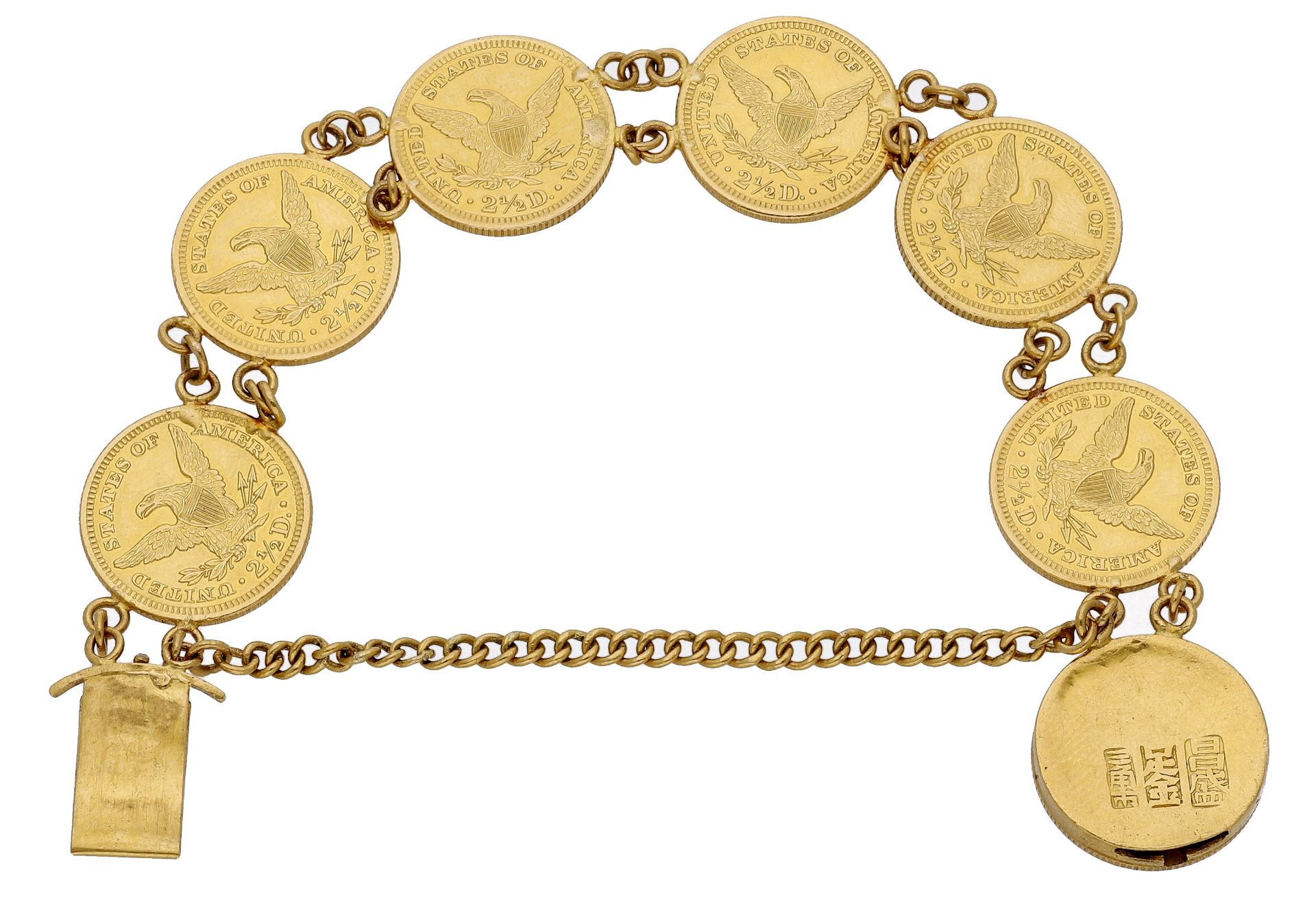 A gold coin bracelet, mounted with seven American 2Â½ dollar coins, four dated 1900, three 19... - Image 2 of 3