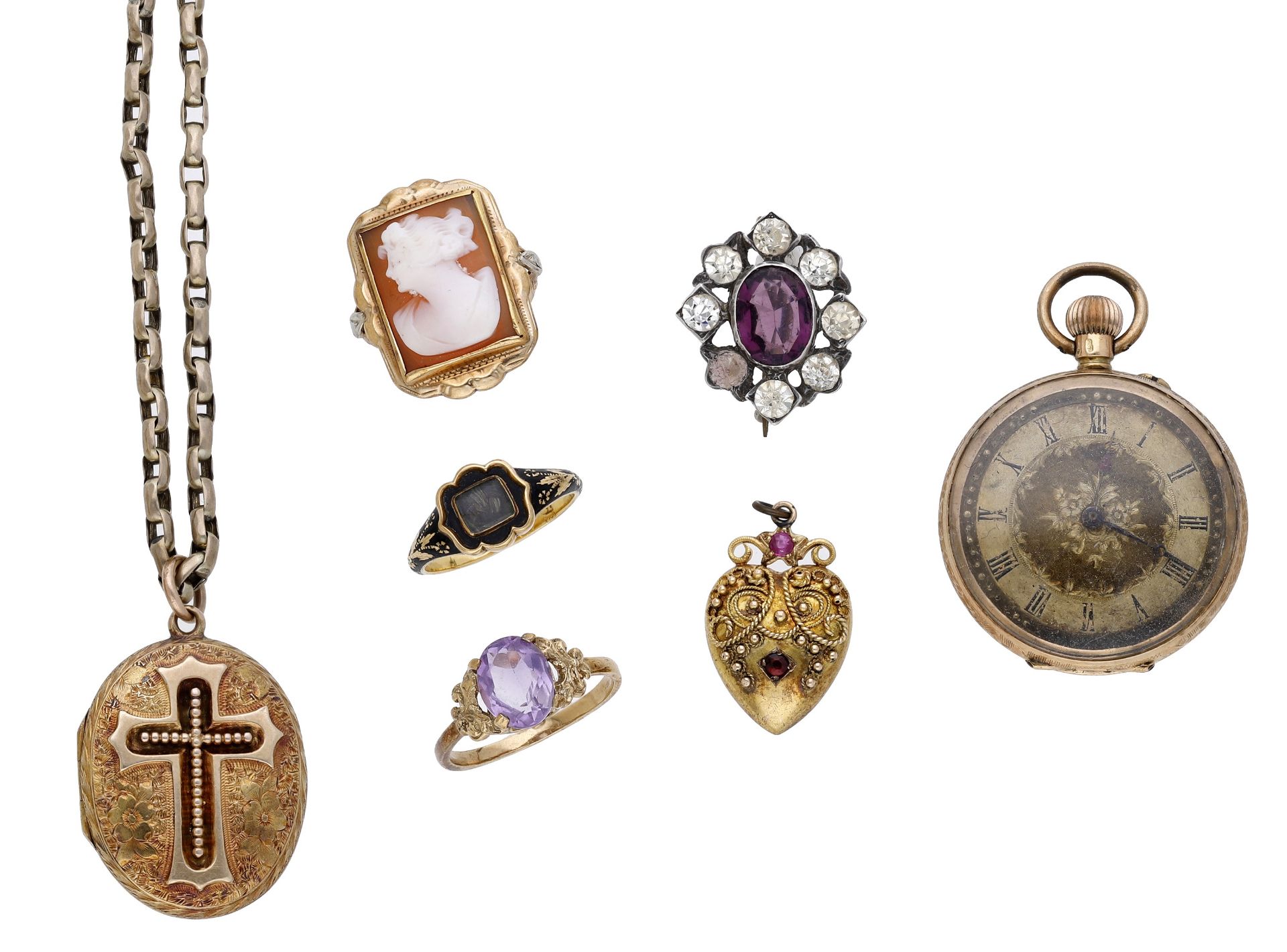 A small collection of antique jewellery, to include a late 19th century enamel memorial ring...