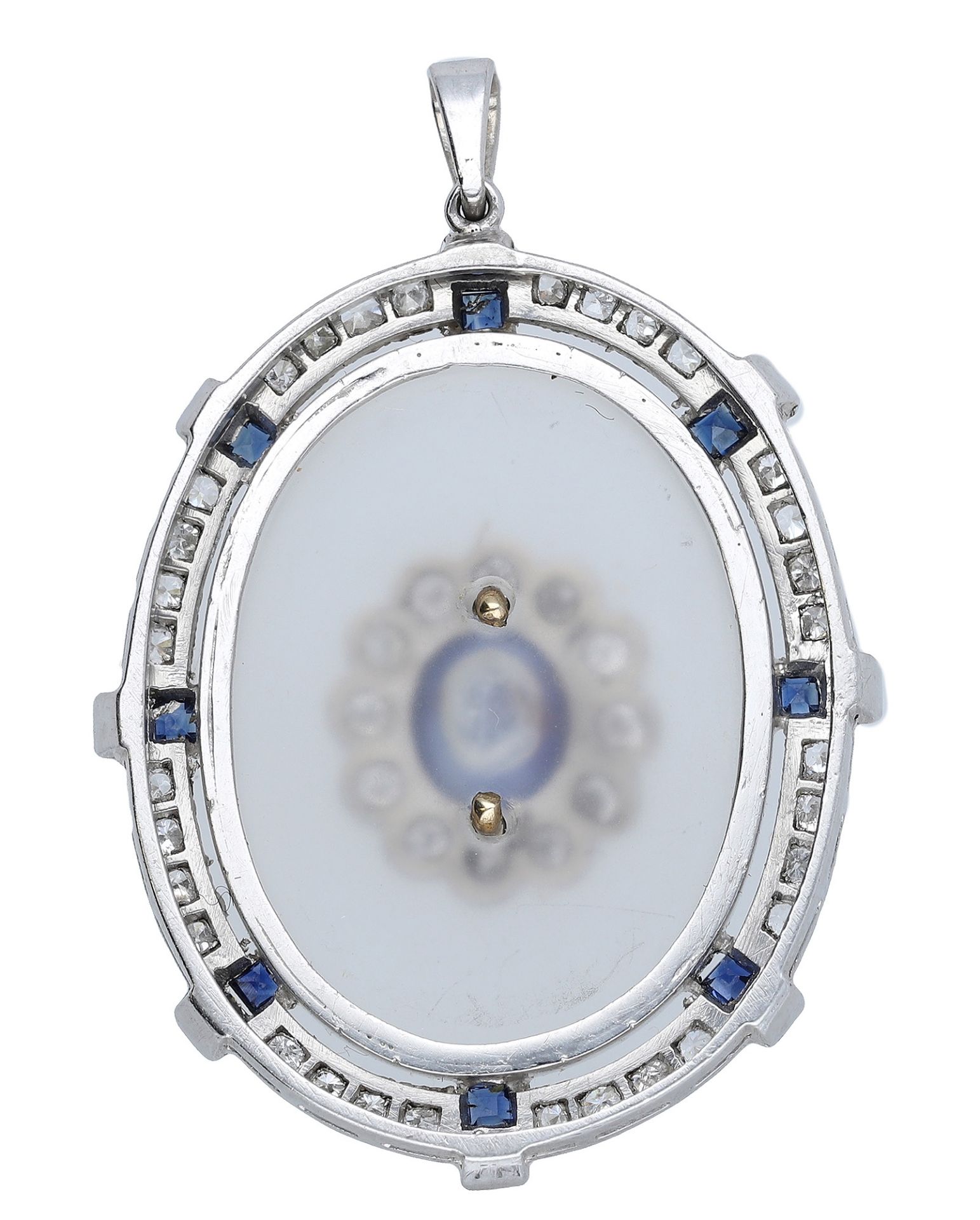 An Art Deco style gem-set pendant, the central sapphire and diamond cluster applied to a fro... - Image 2 of 3