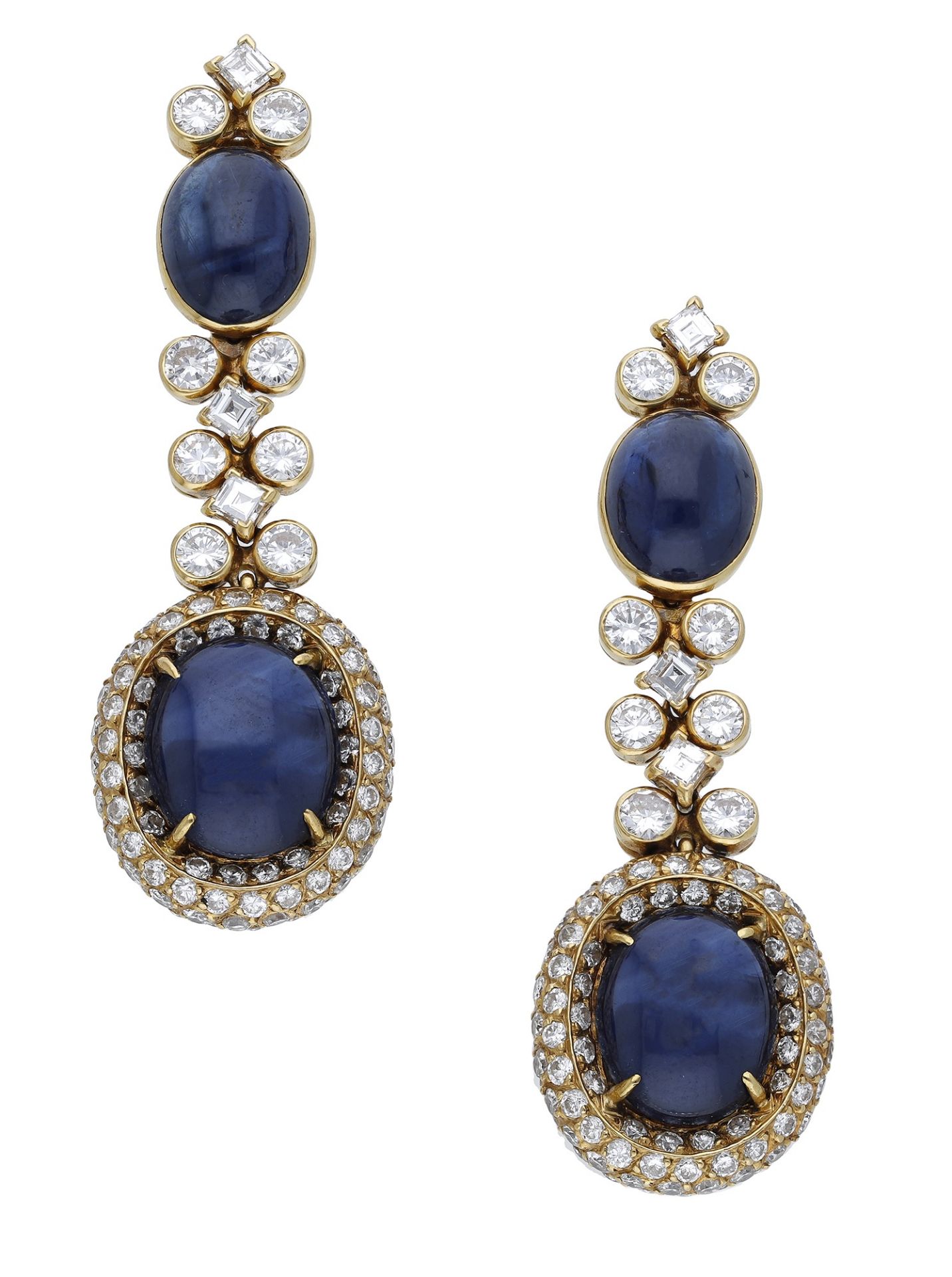 A pair of sapphire and diamond ear clips by O.J Perrin, circa 1965, the articulated drops ea...