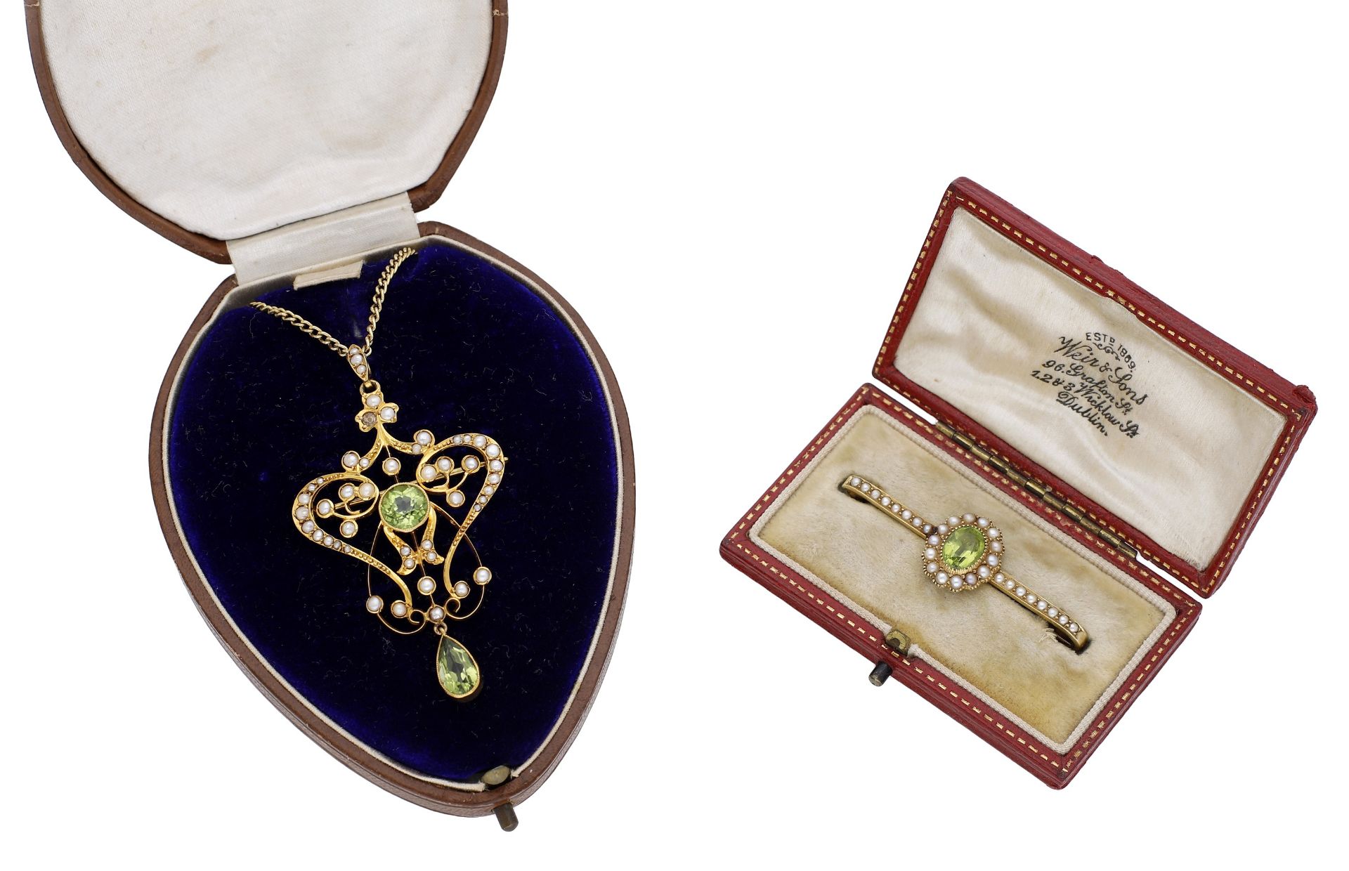 A collection of antique jewellery, circa 1890-1900, comprising a peridot and seed pearl bar...