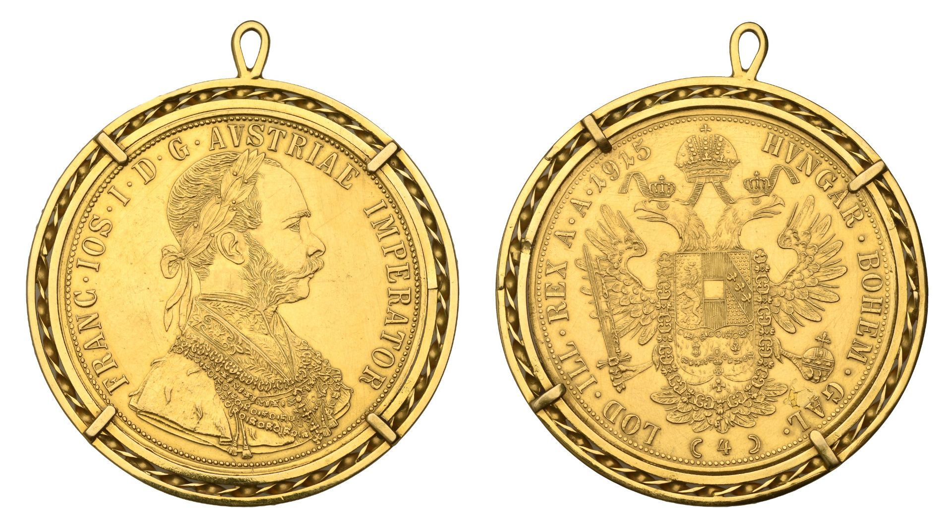 An Austro-Hungarian gold coin pendant, set with a 1915 Franz Joseph IV four ducat coin (rest...