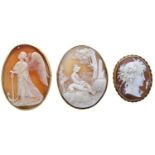 Three 19th century shell cameo brooches, to include an oval example carved to depict the Ang...