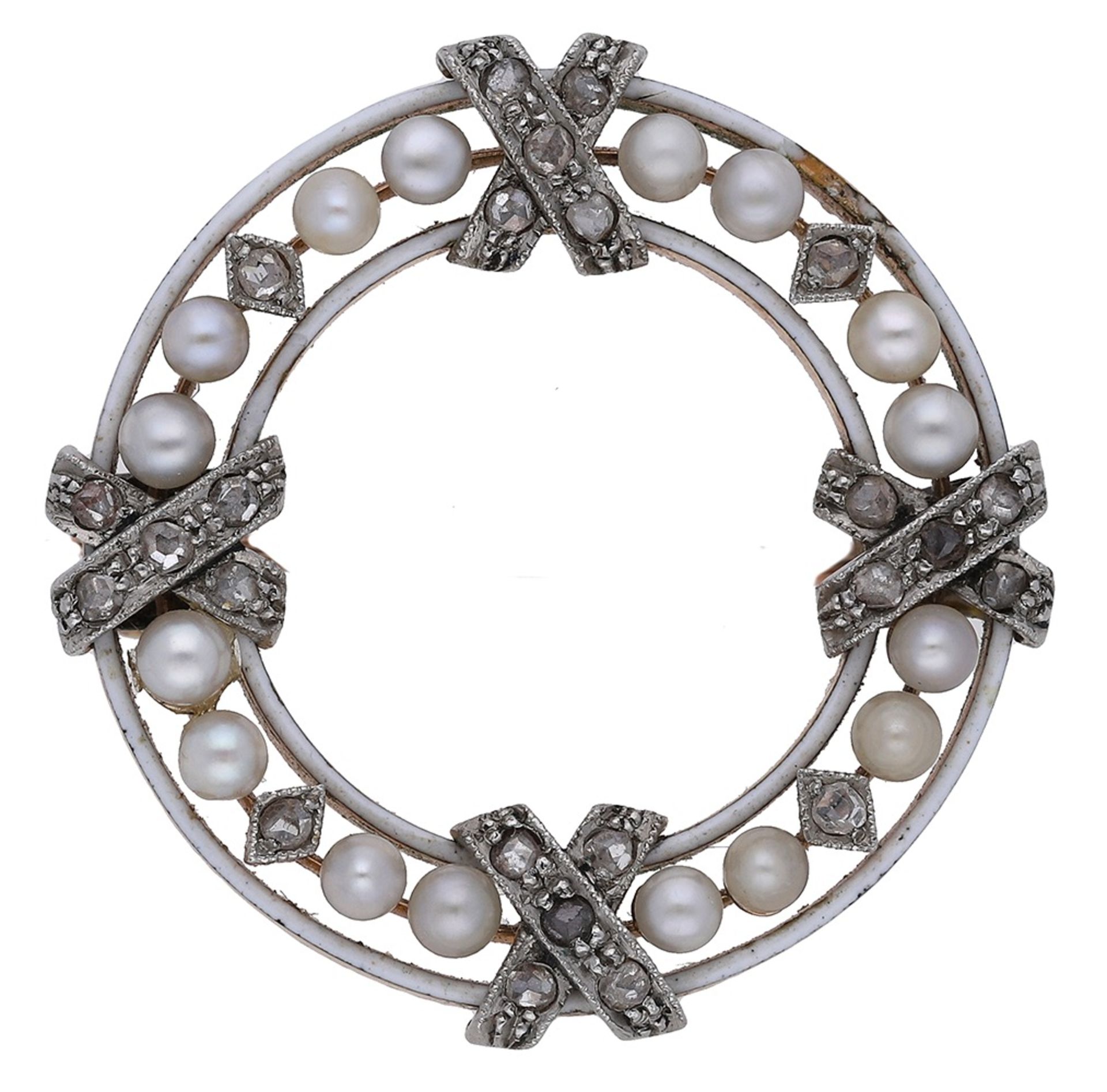 An early 20th century enamel, seed pearl and diamond brooch, the white enamel circlet with a...