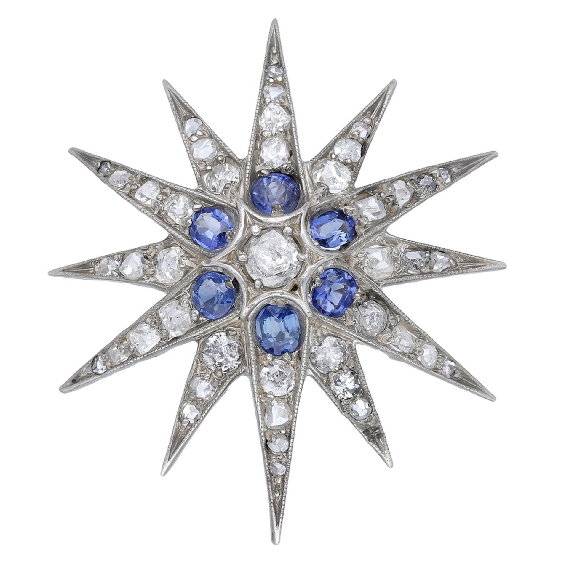 A sapphire and diamond star brooch, the 19th century star set with old brilliant, cushion an...