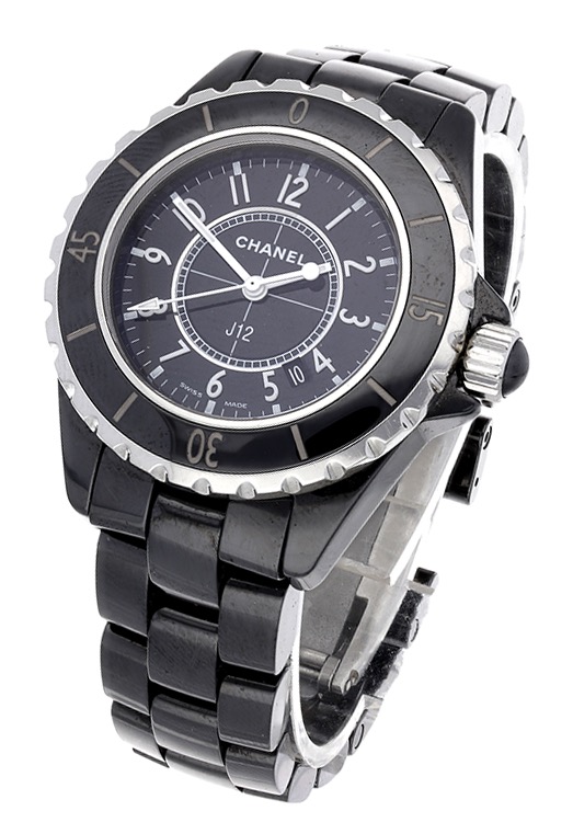 Chanel. A lady's black ceramic and steel wristwatch with date and bracelet, J12, circa 2005....