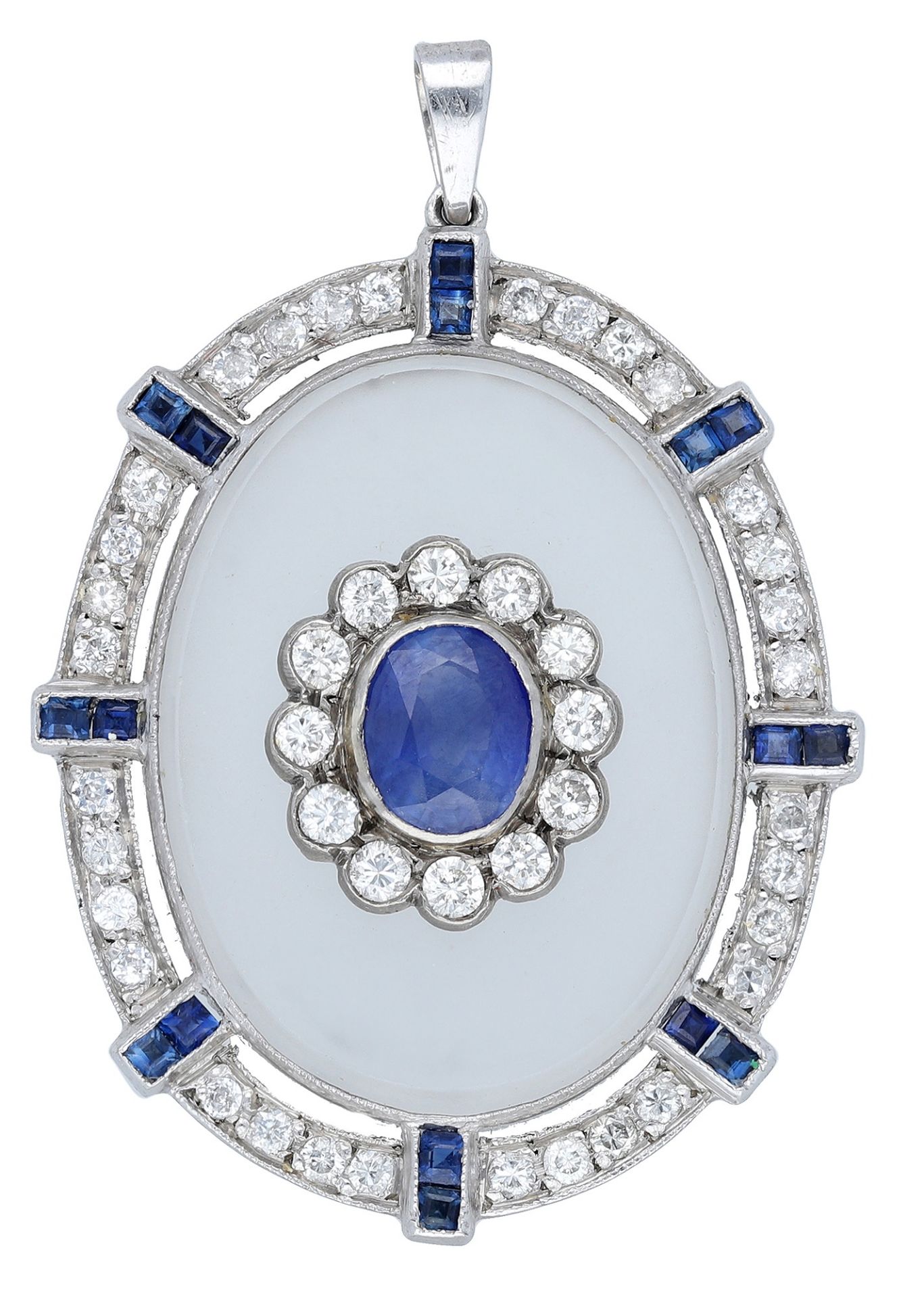 An Art Deco style gem-set pendant, the central sapphire and diamond cluster applied to a fro...