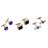 Three pairs of gem set cufflinks, comprising a pair of 9ct gold collet-set amethyst cabochon...