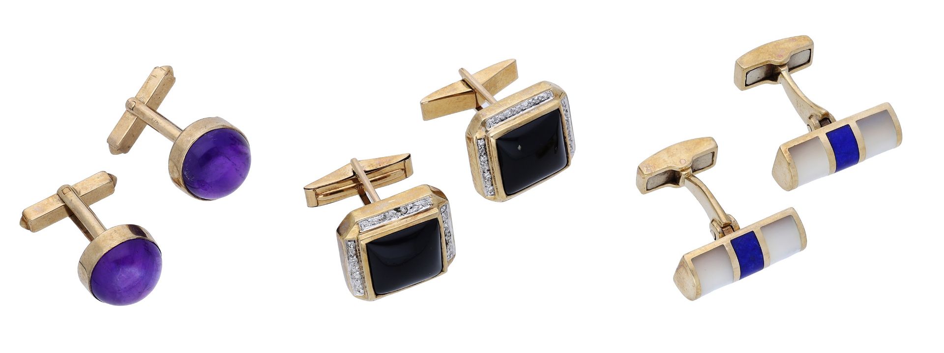 Three pairs of gem set cufflinks, comprising a pair of 9ct gold collet-set amethyst cabochon...