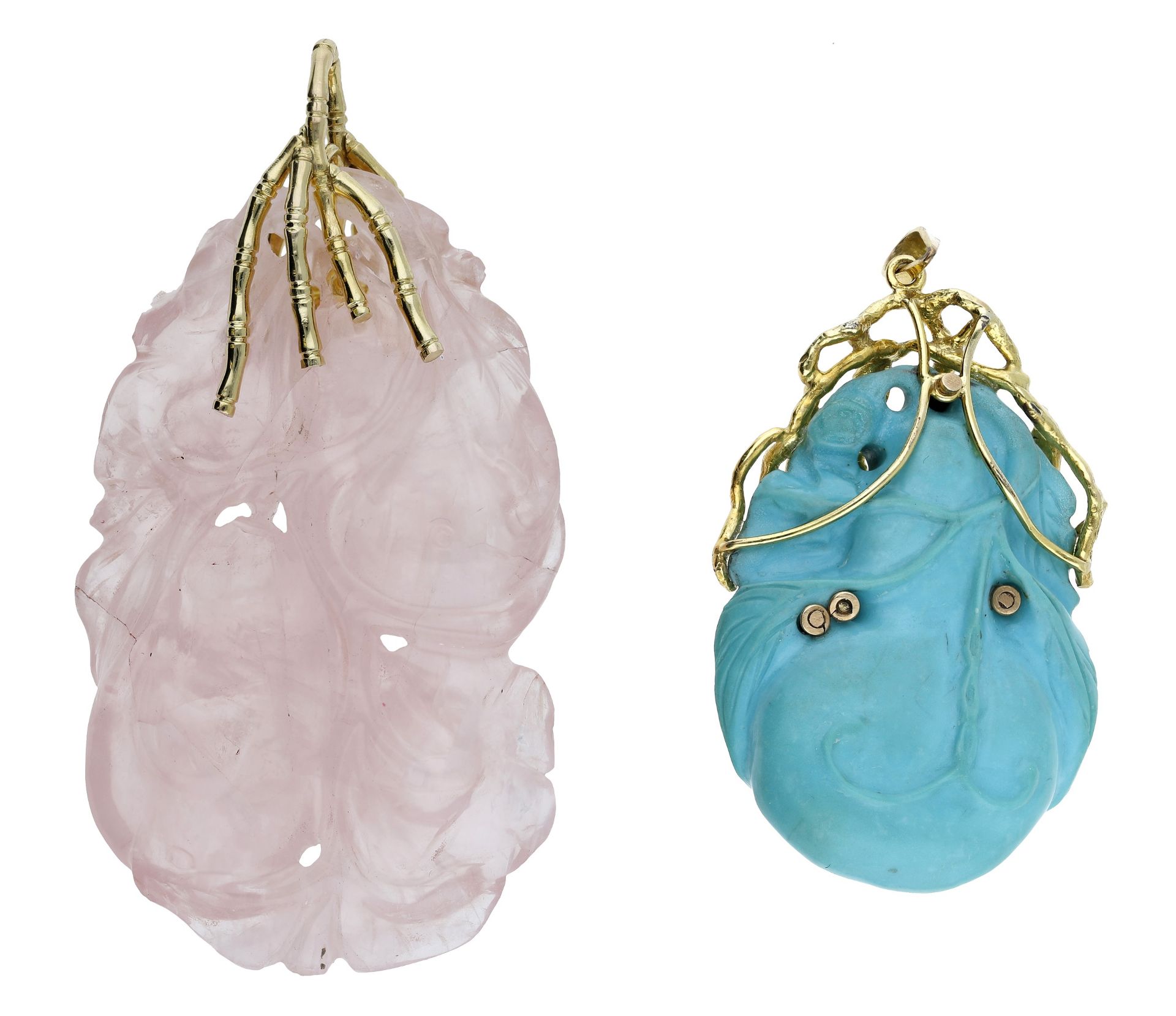 Two carved gem pendants, comprising a double-sided rose quartz pendant carved to depict flow... - Image 2 of 2
