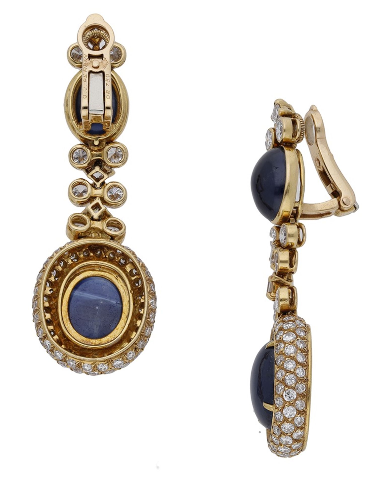 A pair of sapphire and diamond ear clips by O.J Perrin, circa 1965, the articulated drops ea... - Image 2 of 3