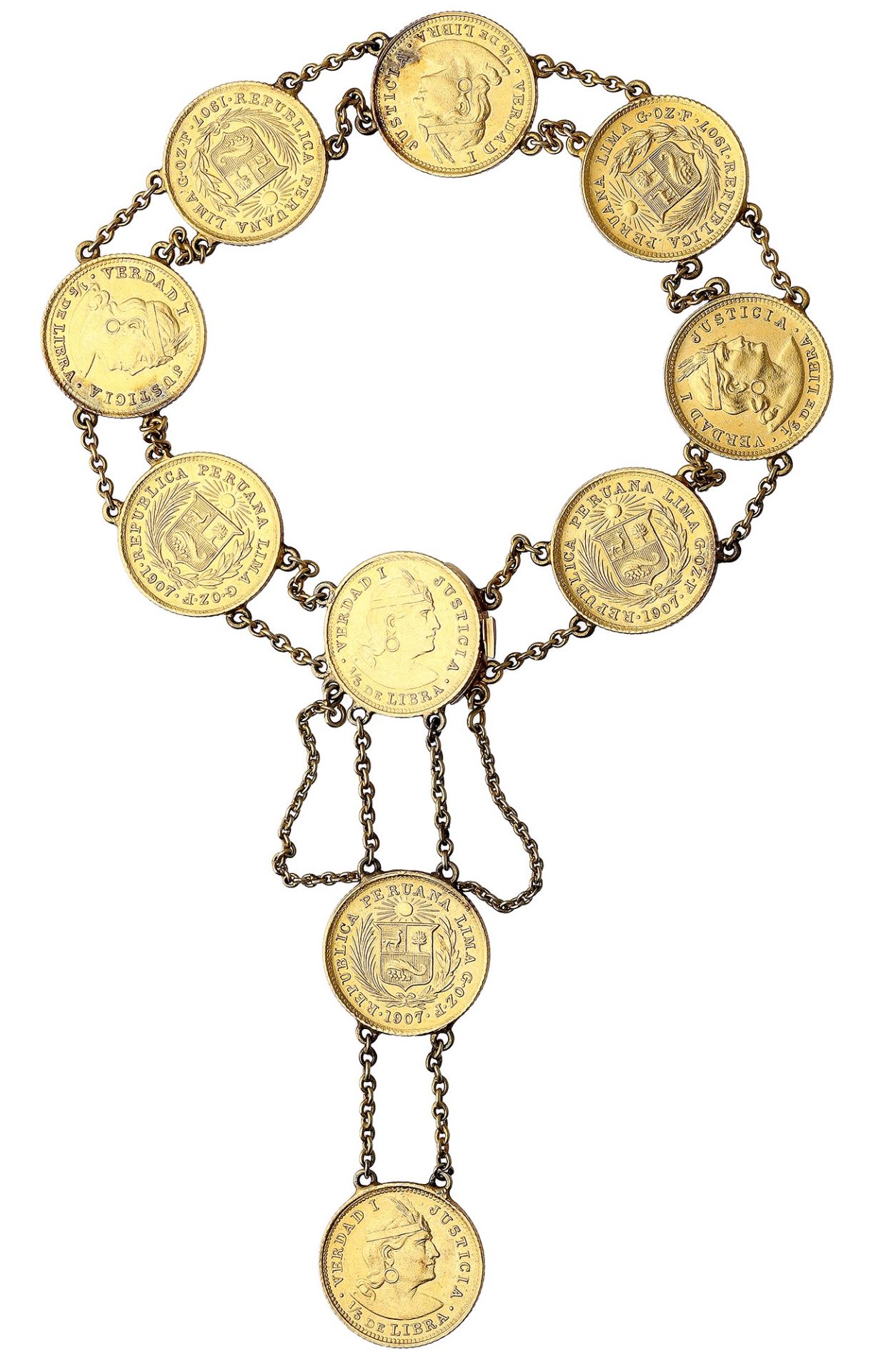A gold coin bracelet, formed as a series of ten 1907 Peru 1/5 libra coins, between chain con...