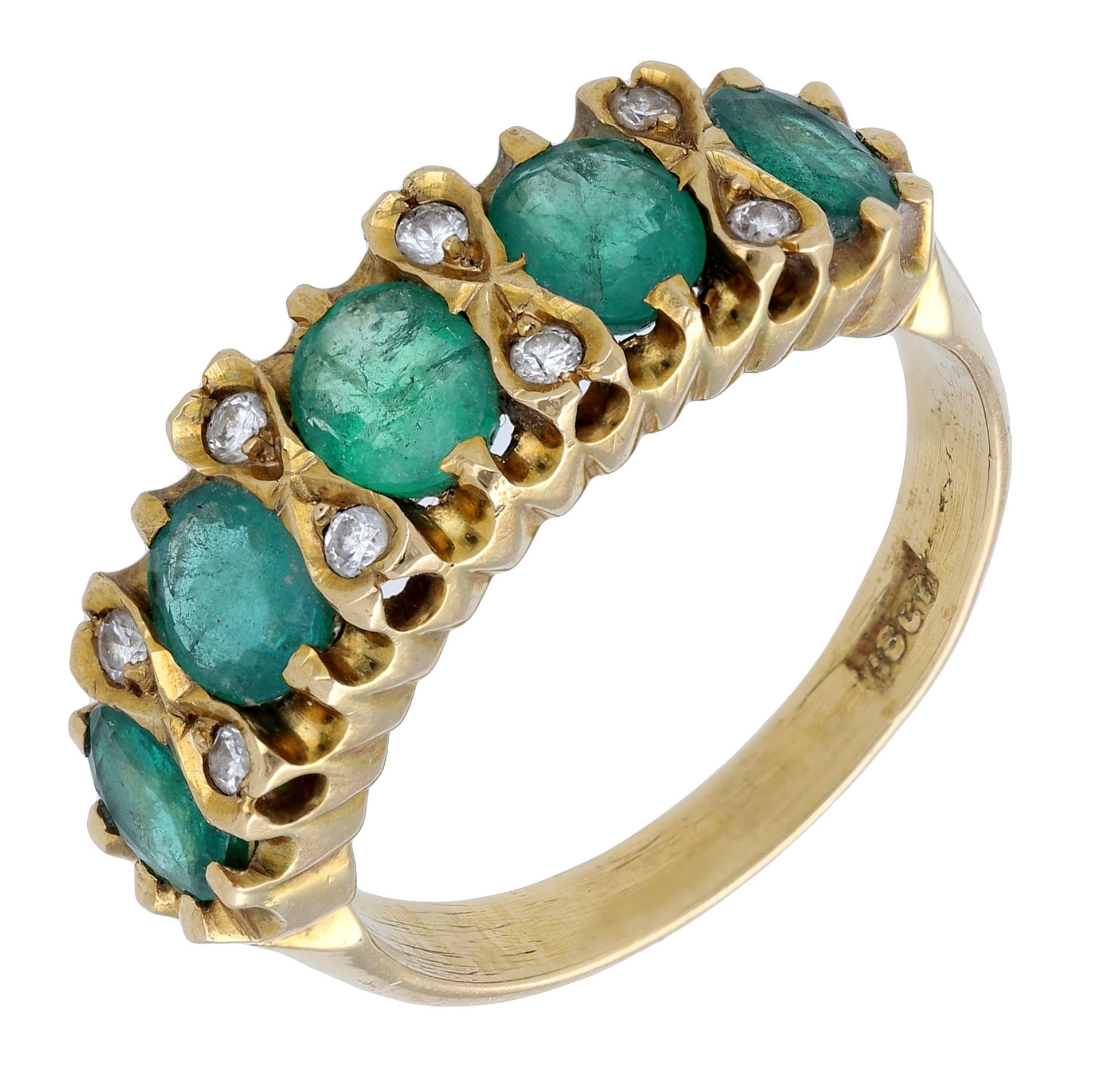 An emerald ring, set with five oval-cut emeralds, with brilliant-cut diamond highlights betw...