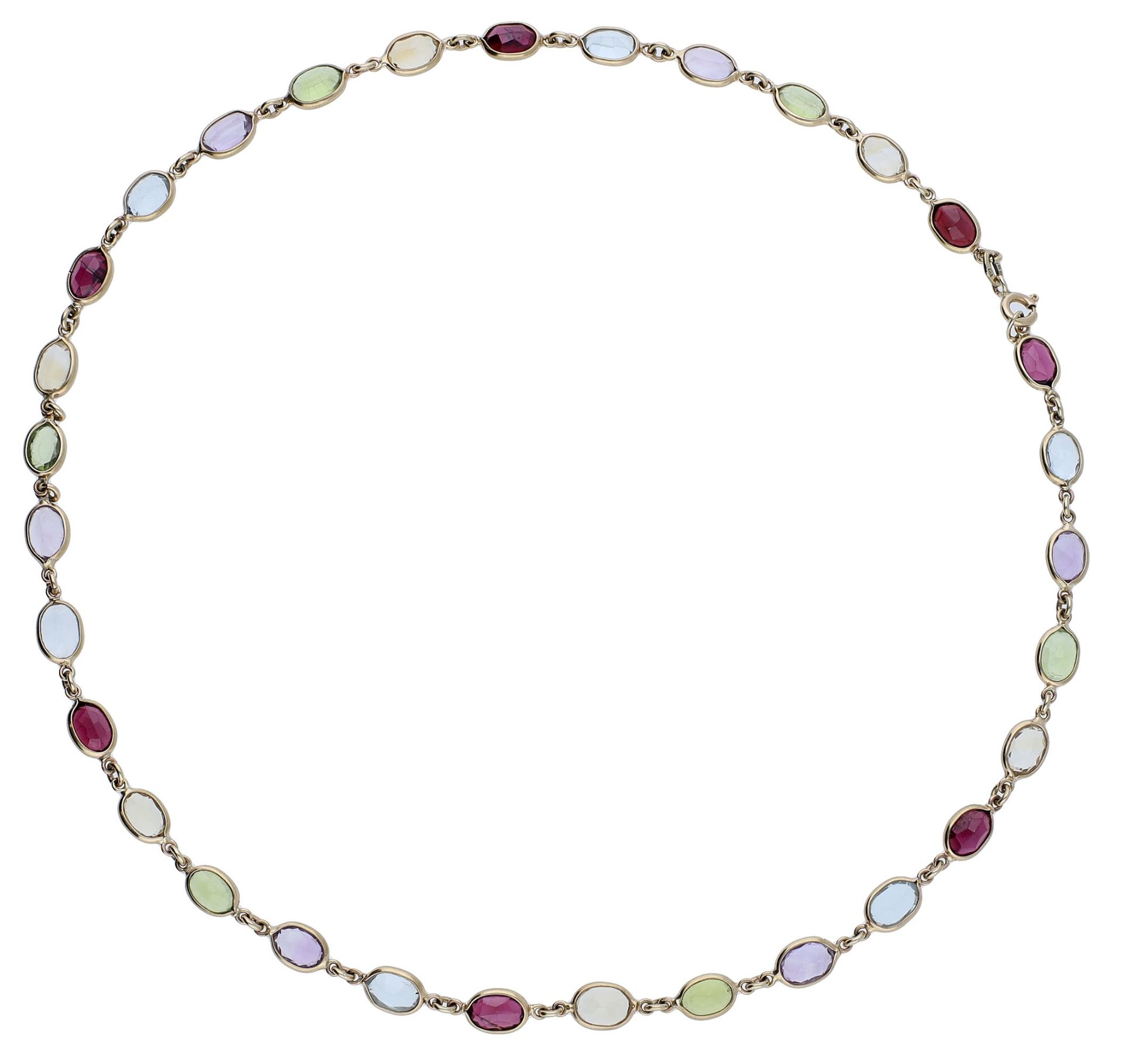 A gem-set necklace, spectacle-set throughout with various oval-cut gemstones to include garn...