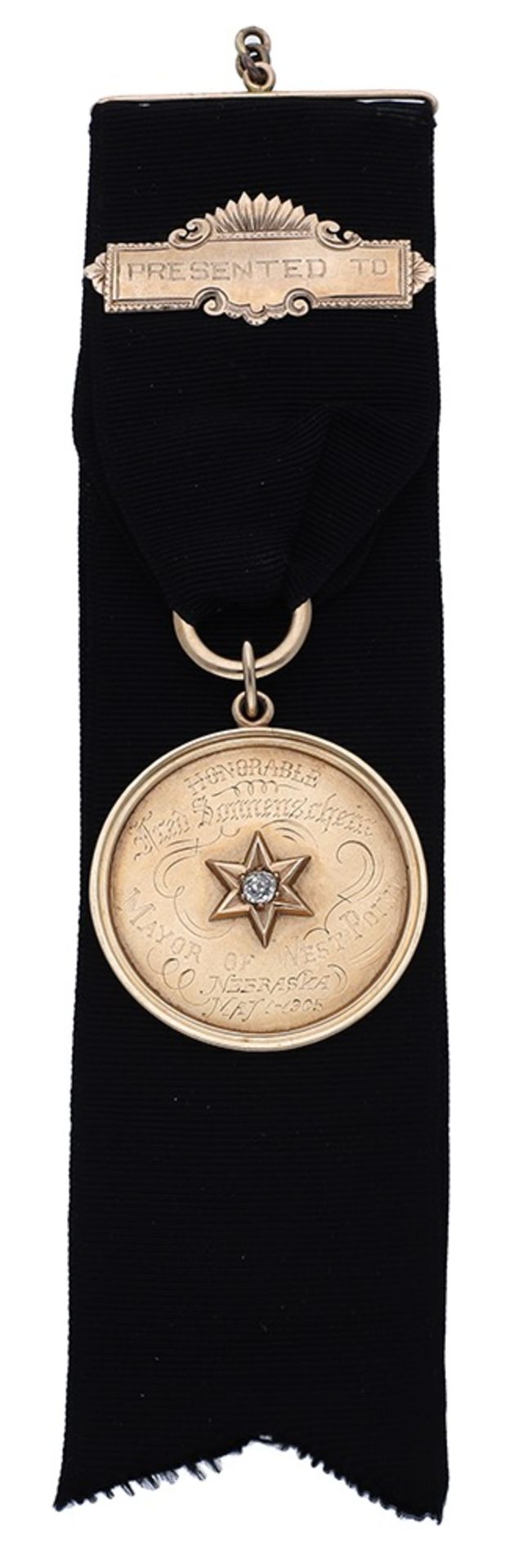 An early 20th century gold and diamond set presentation medallion on fob, the black grosgrai...