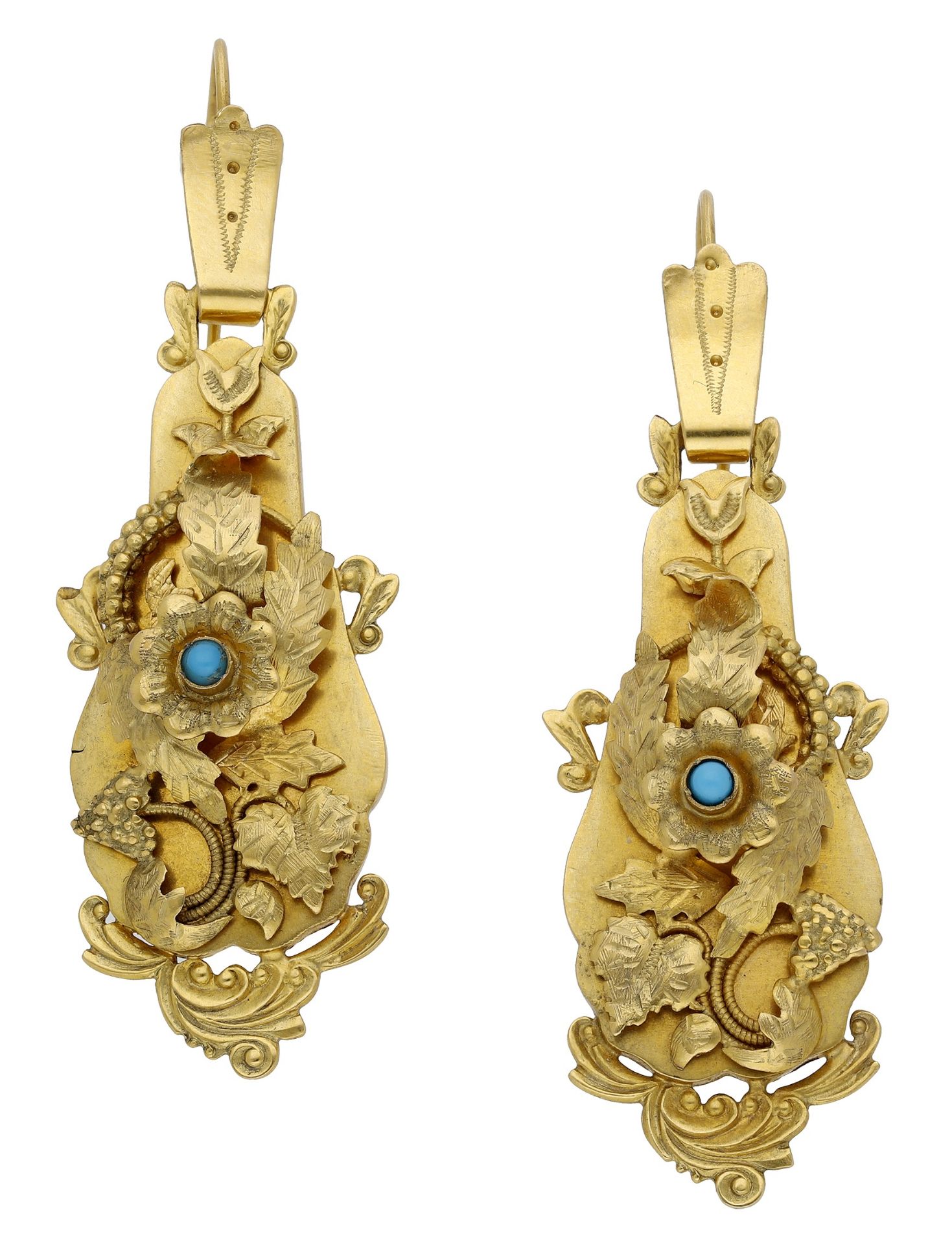 A pair of gold earrings, the decorative bloomed gold earrings with applied scroll, foliate a...