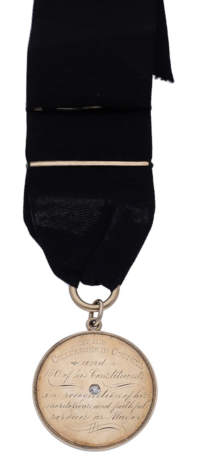 An early 20th century gold and diamond set presentation medallion on fob, the black grosgrai... - Image 2 of 2