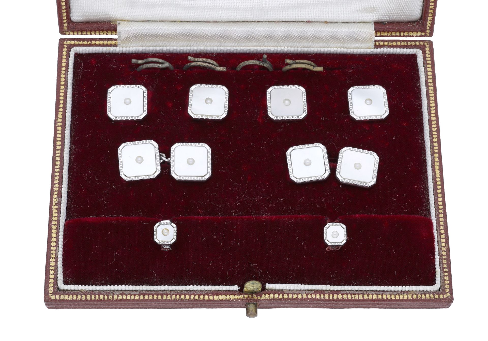 A 9ct white gold and mother-of-pearl gentleman's dress set, comprising a pair of cufflinks,... - Image 2 of 2