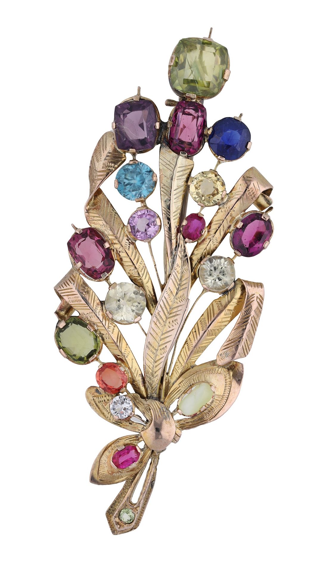 A mid 20th century gem-set spray brooch, the engraved foliage scattered with various gemston...