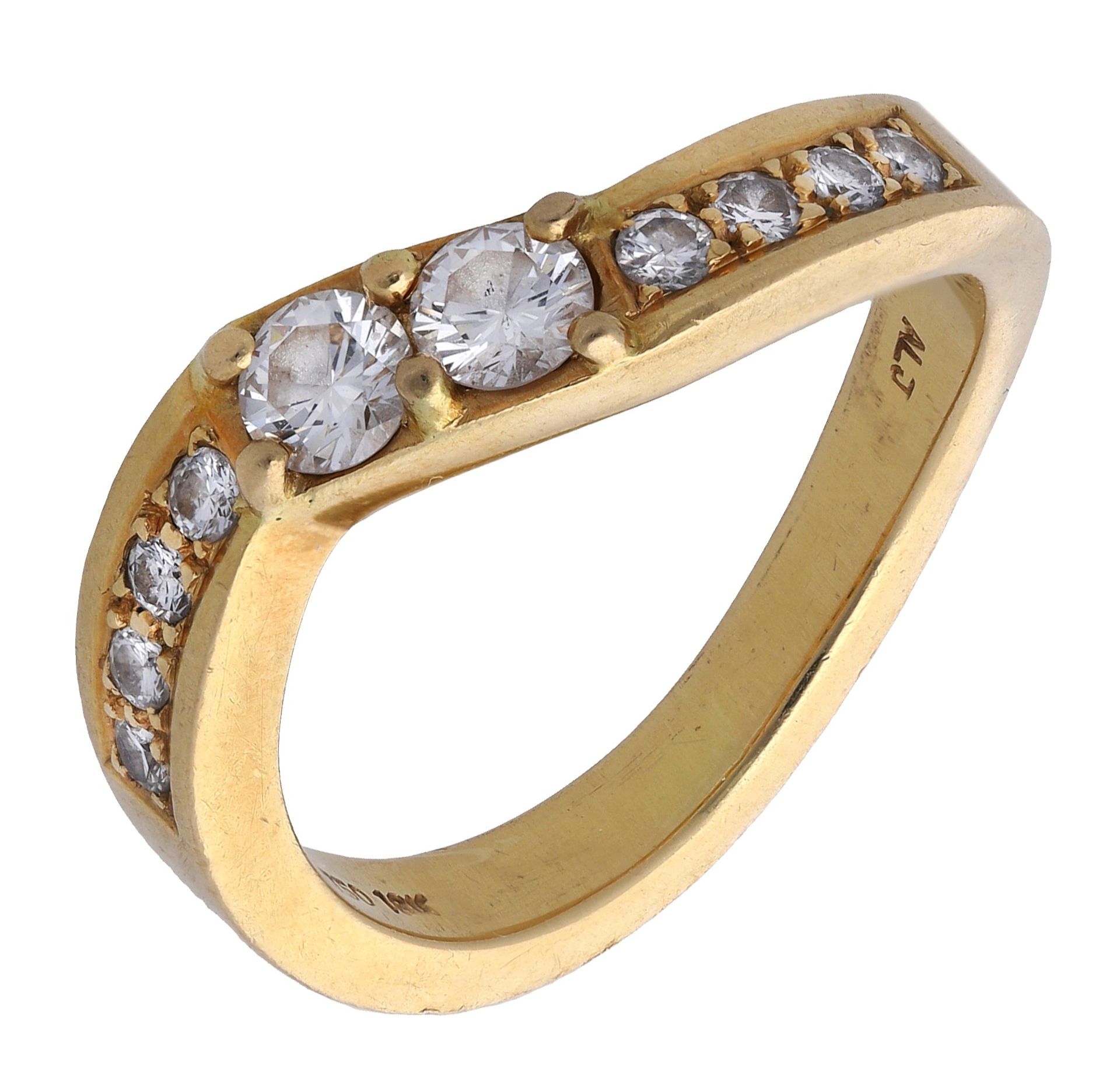 A diamond ring, of undulating design, the square section band set with brilliant-cut diamond...