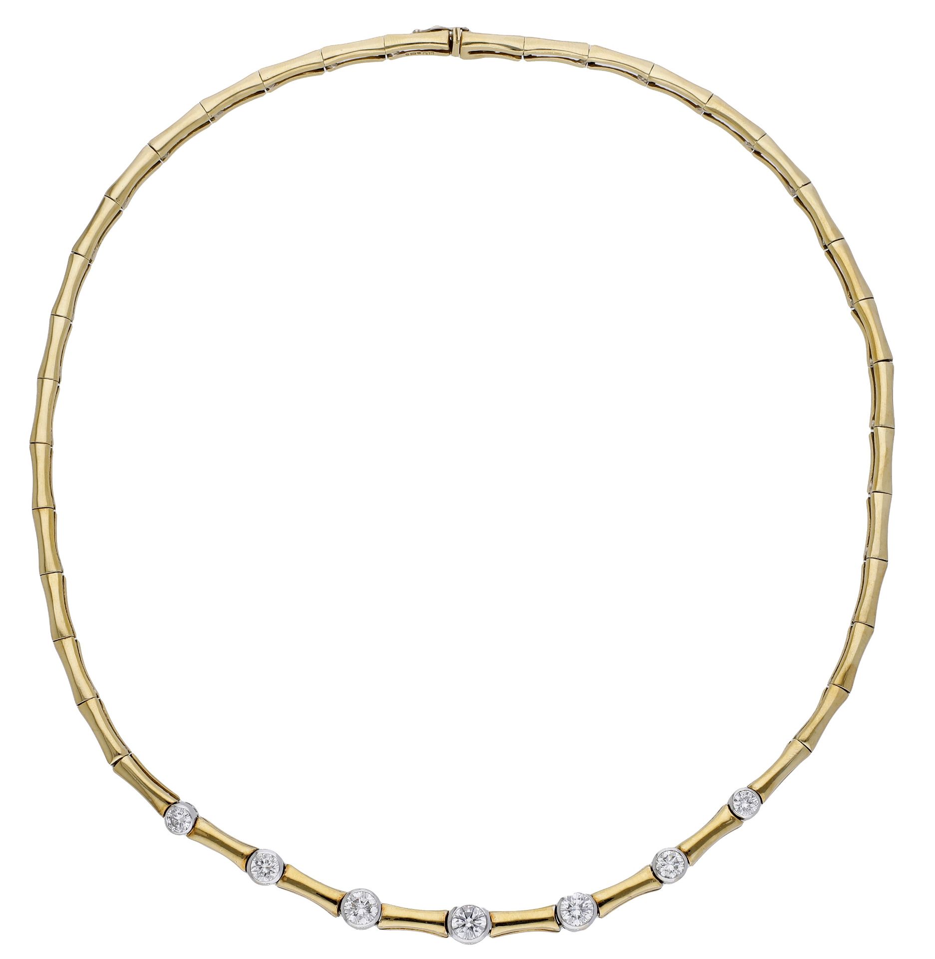 An 18ct gold and diamond collar, the polished links leading to a frontispiece interspersed w...