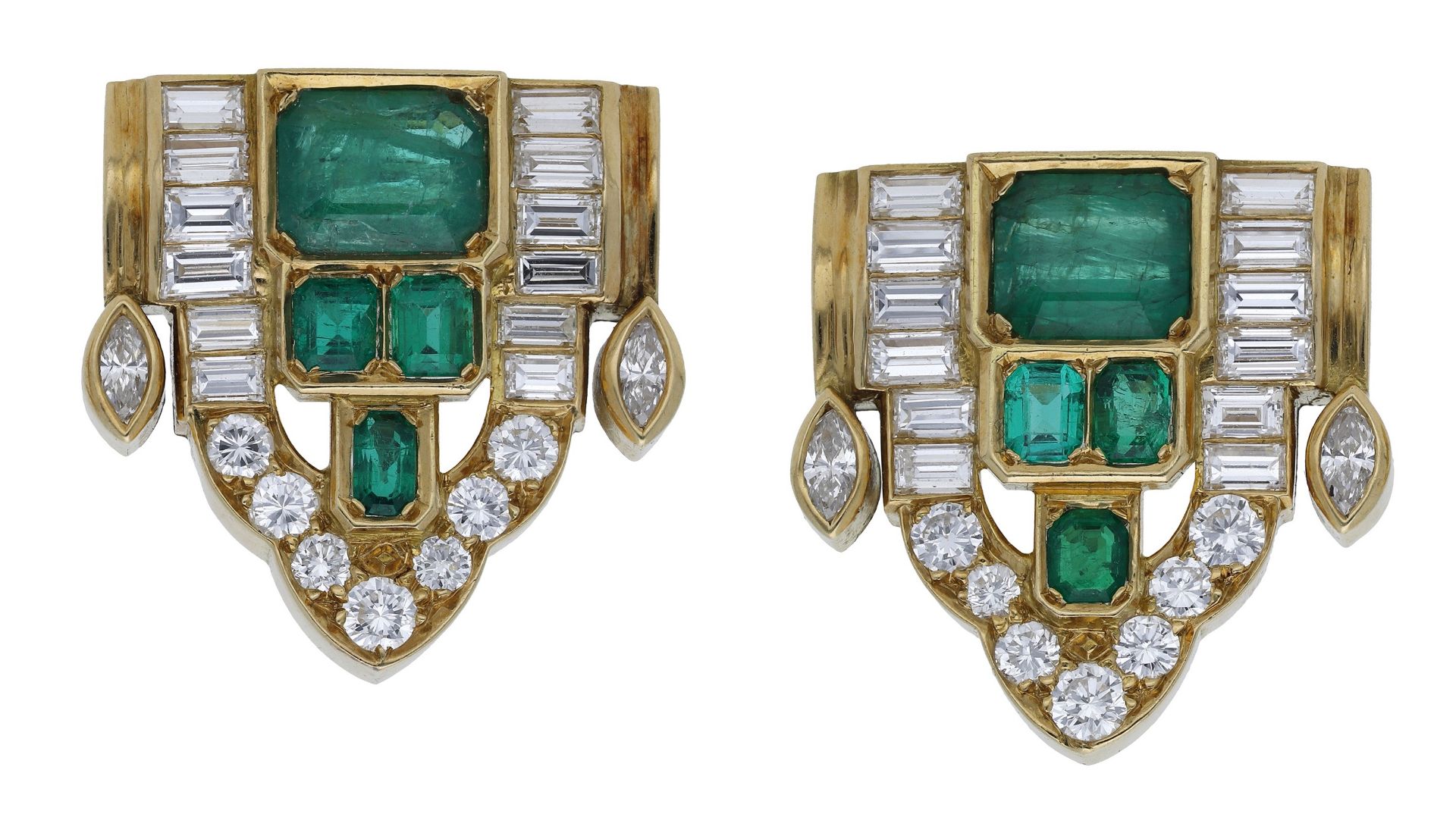 A pair of emerald and diamond earrings, of Art deco style, the central panels composed of gr...