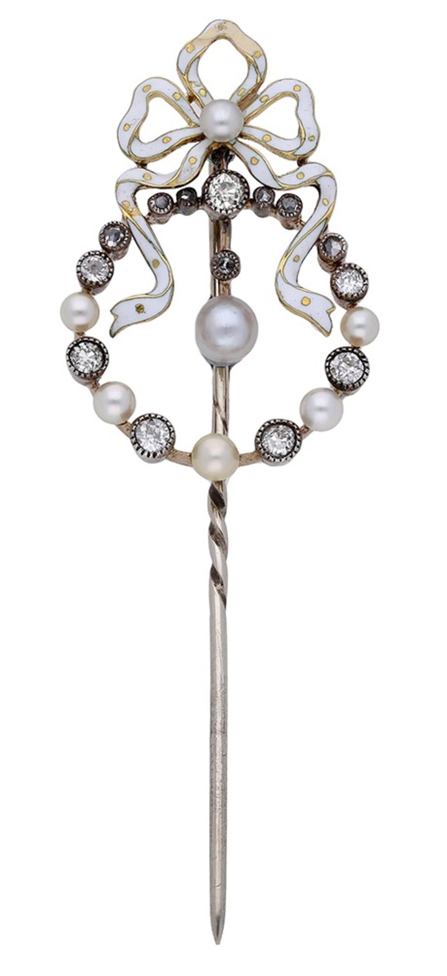 An early 20th century enamel, seed pearl and diamond stick pin, the spotted white enamel bow...