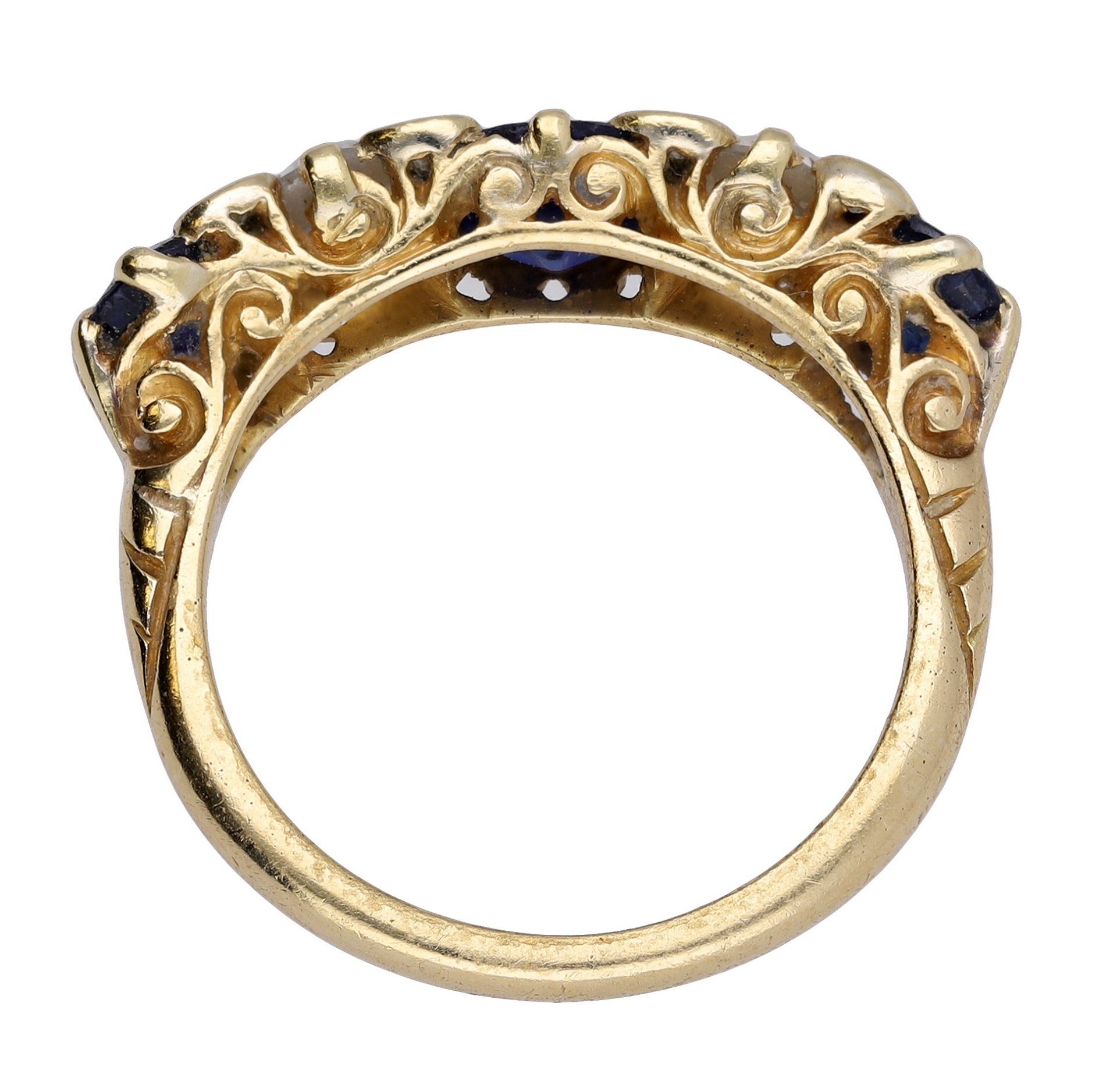 A sapphire and diamond five stone ring, comprising a principal circular-cut and two oval-cut... - Image 2 of 3