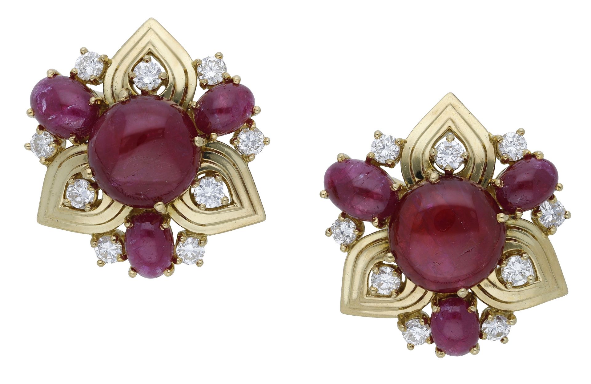 A pair of 18ct gold ruby and diamond earrings, the stylised flowerheads set with circular ru...