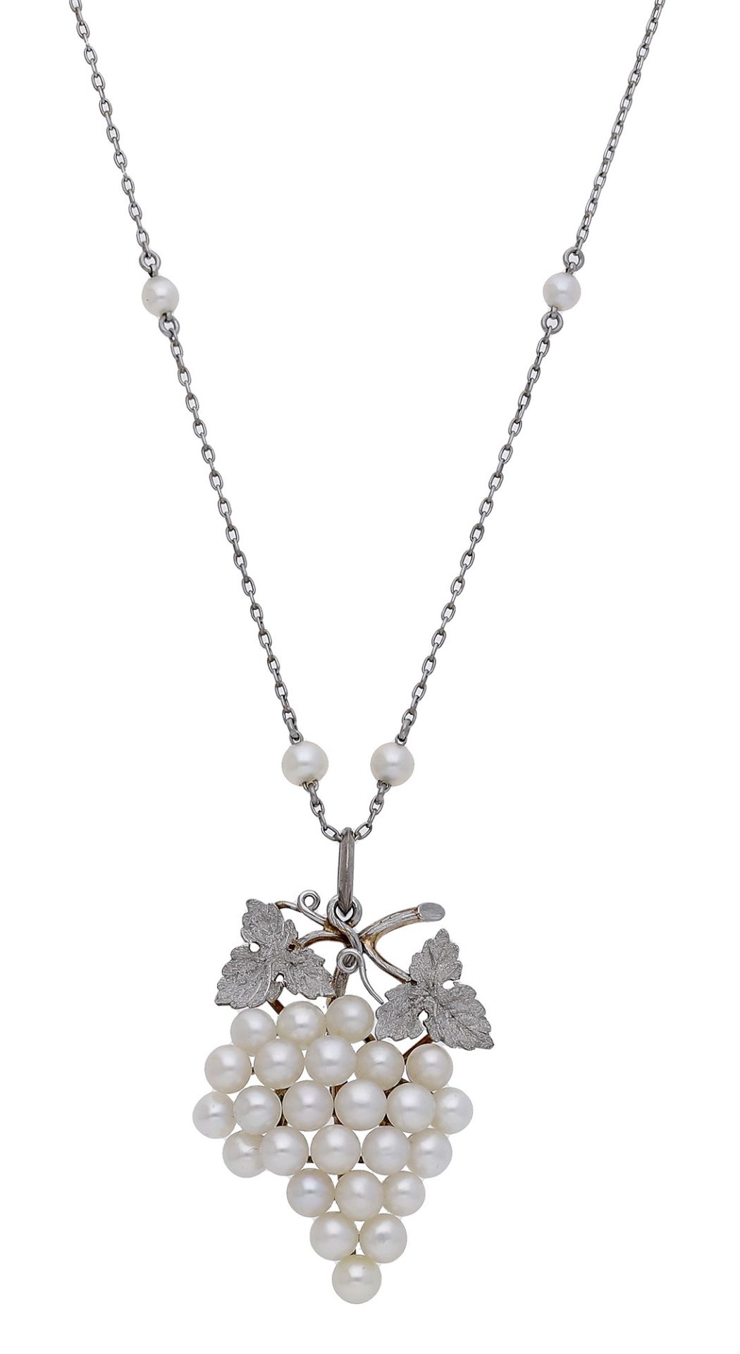An early 20th century pearl necklace, the pendant designed as a fruiting vine, the grapes fo...