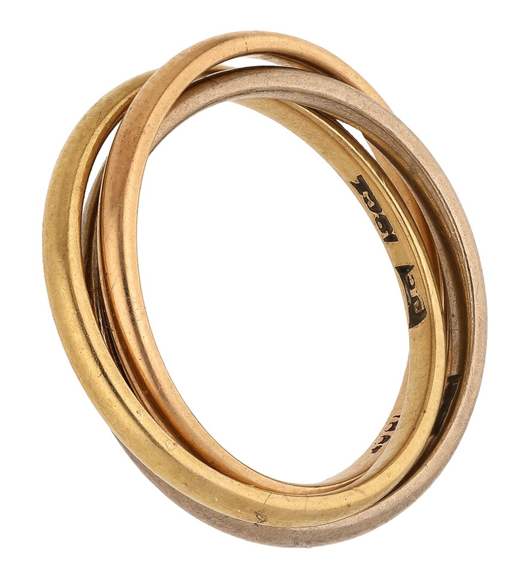 A 'Trinity' ring by Cartier, of tricoloured interlocking design, maker's mark 'JC', numbere...