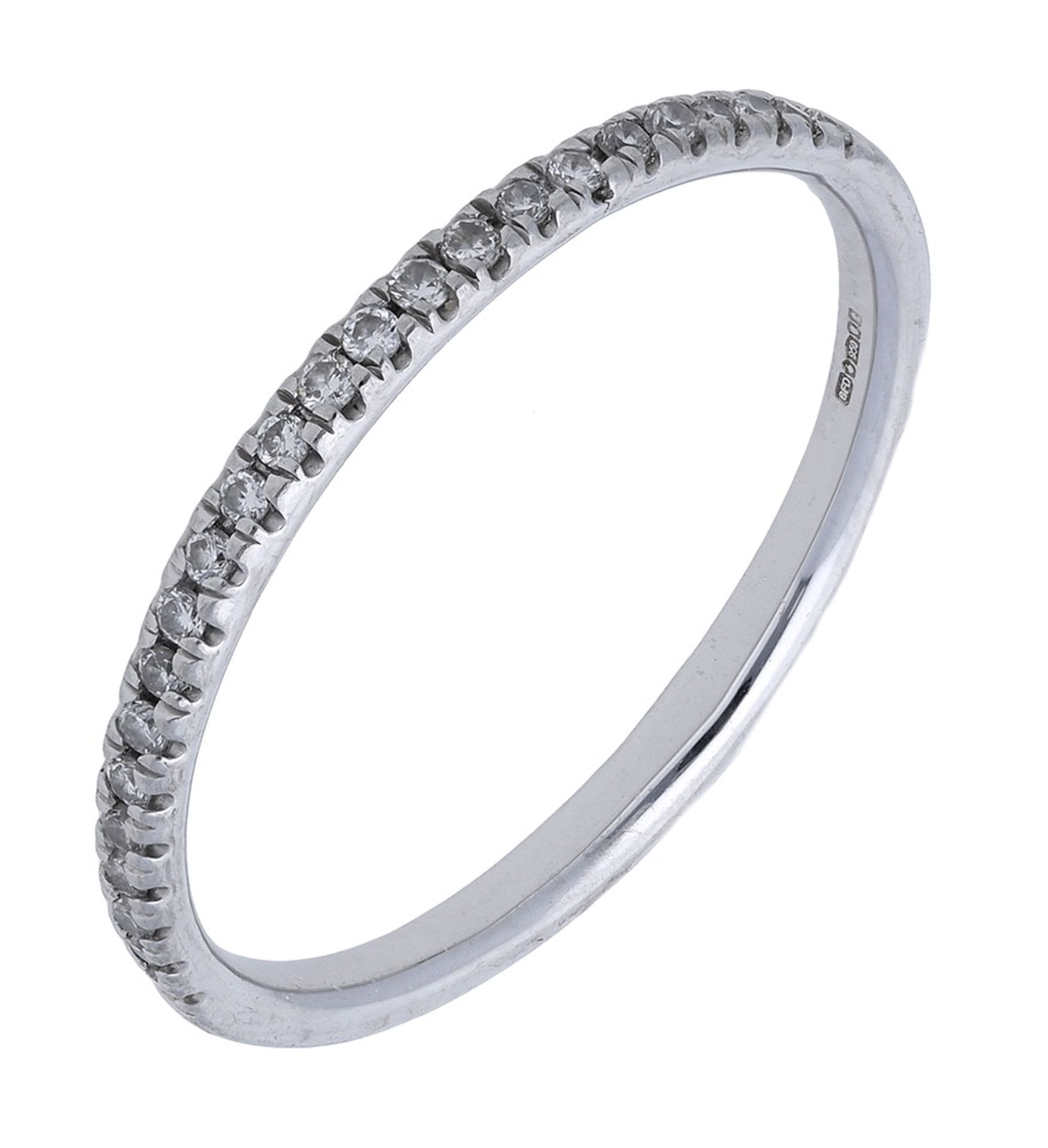 A platinum and diamond half eternity ring, the fine band set to the front with a series of b...