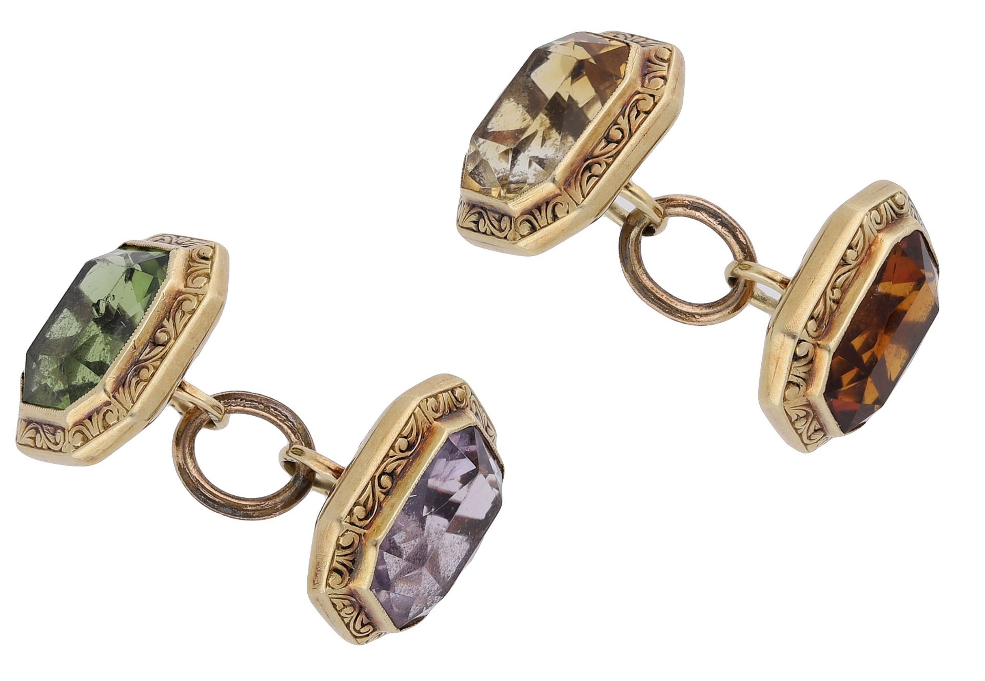 A pair of gem-set cufflinks, set with a combination of octagonal-cut peridot, amethyst and c...