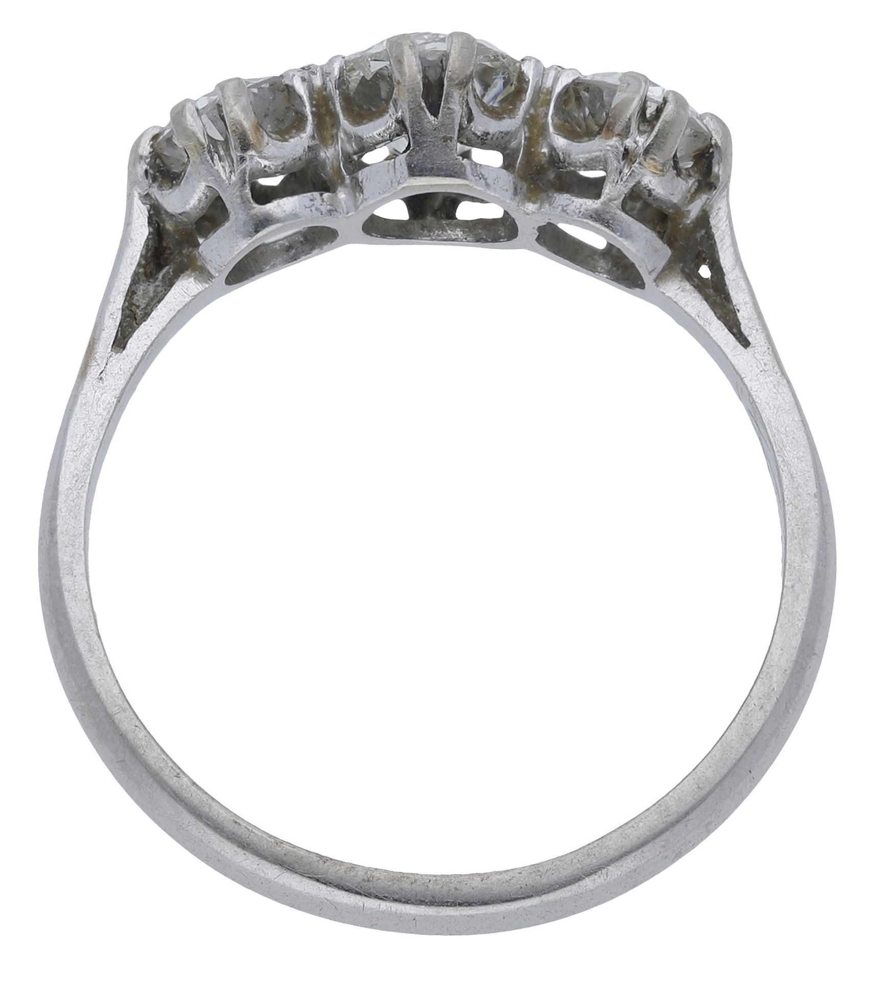 A diamond three stone ring, set with a graduated row of old brilliant-cut diamonds, stamped... - Image 2 of 3