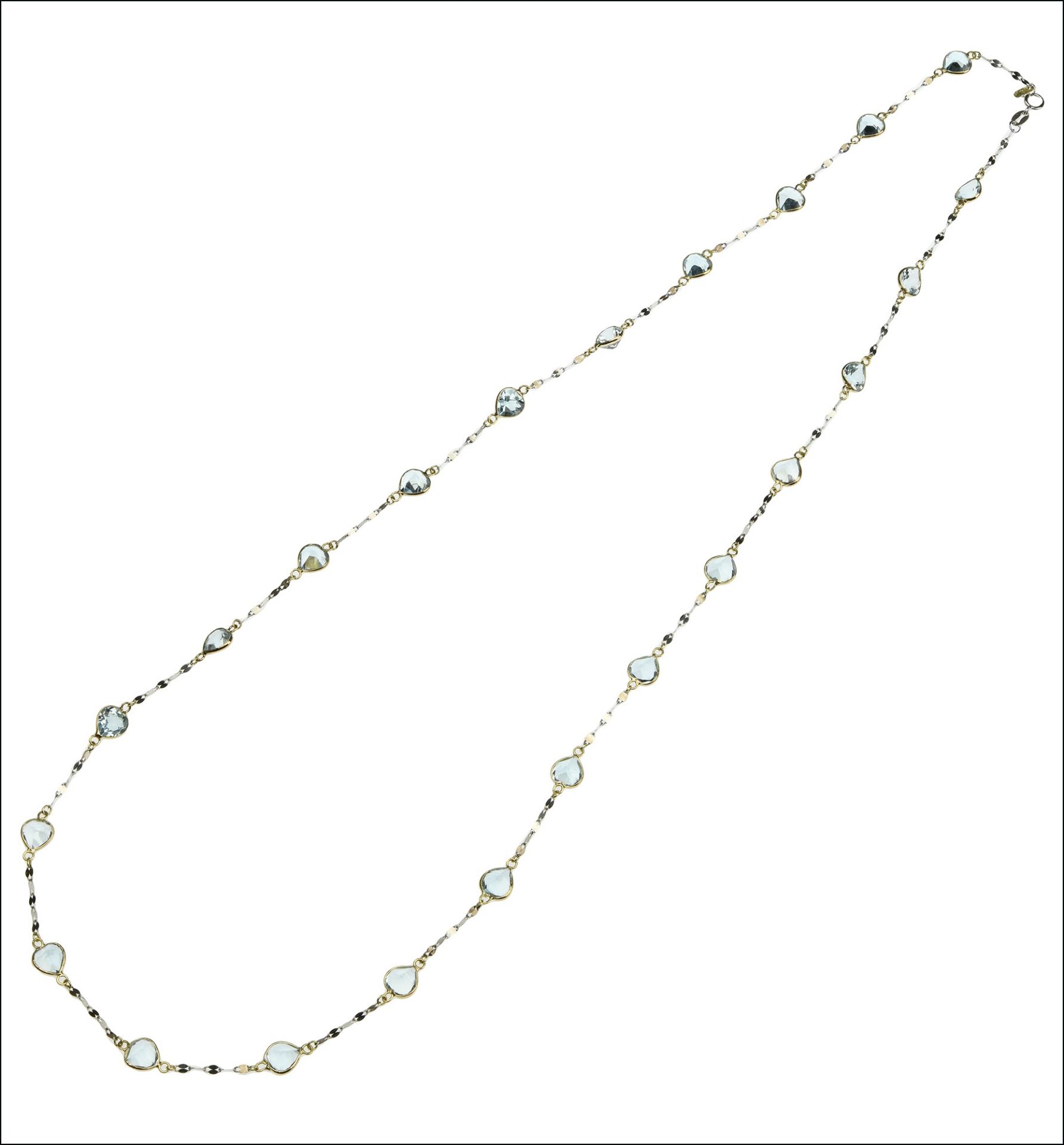 An aquamarine chain necklace, composed of heart-shaped aquamarines, collet set and spaced by...