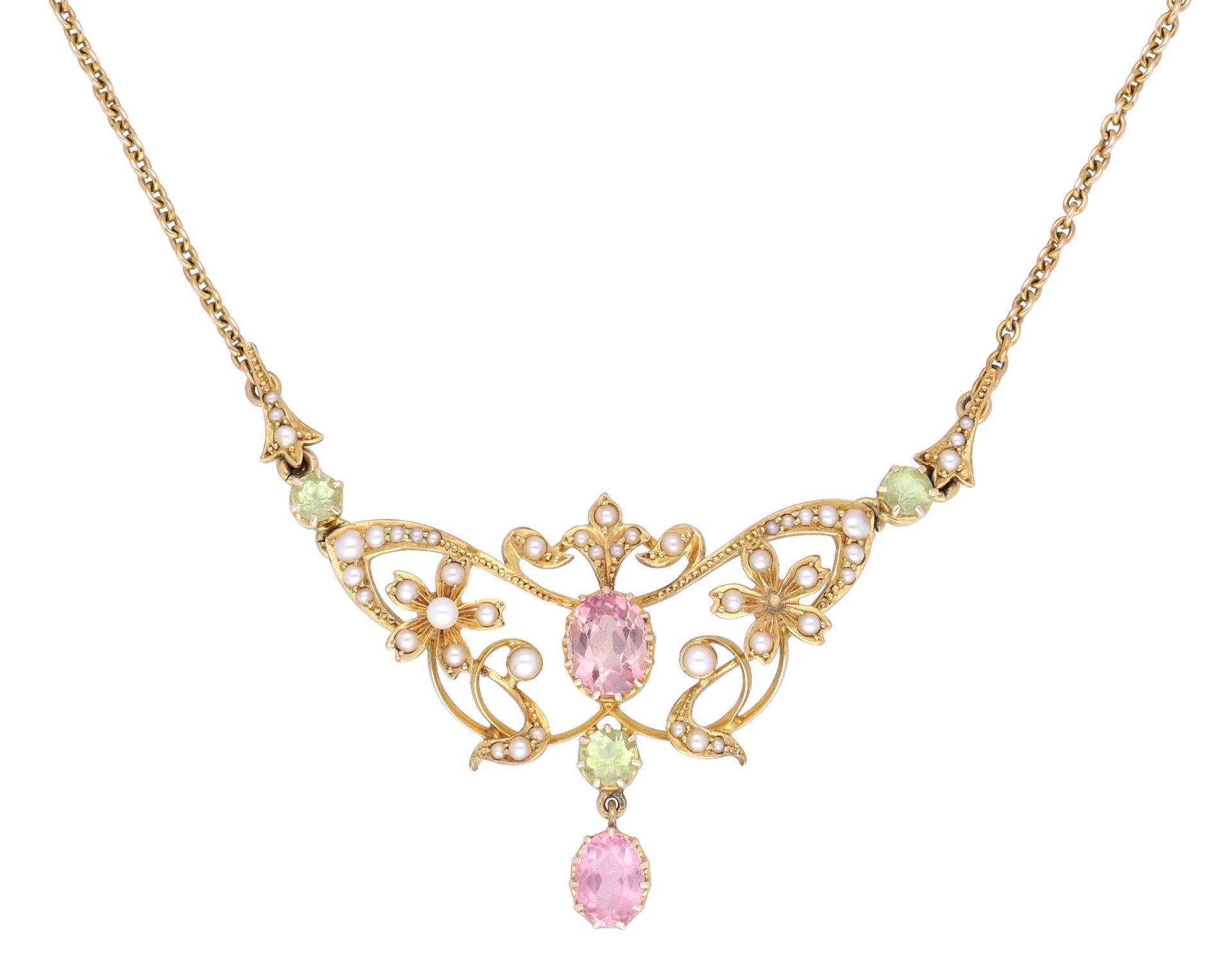 A gem-set necklace, circa 1900, the cable-link chain leading to a scrolling frontispiece wit...