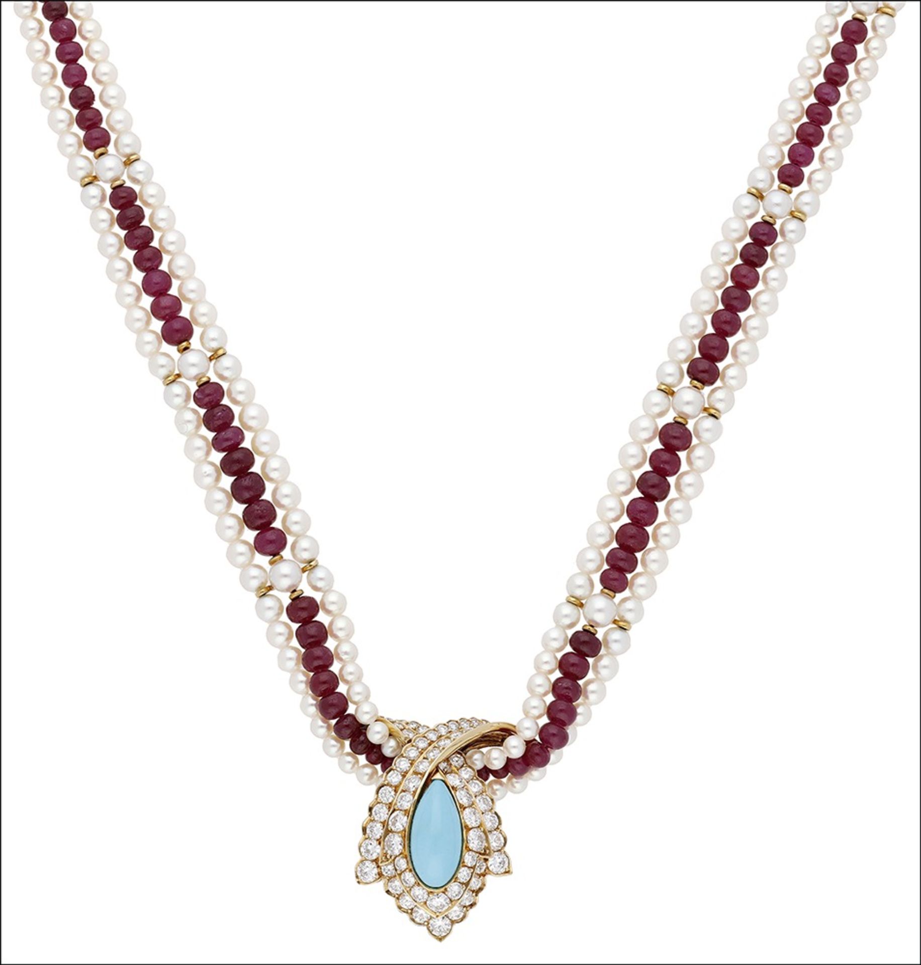 A French gem-set combination necklace, circa 1970, the triple strand of polished ruby beads...