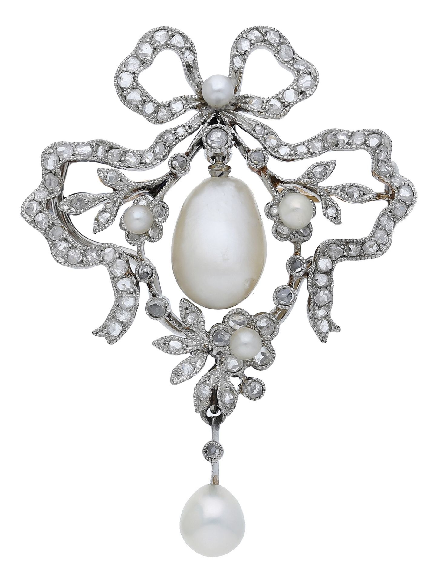 An early 20th century French pearl and diamond brooch/pendant, of garland design, the bow su...