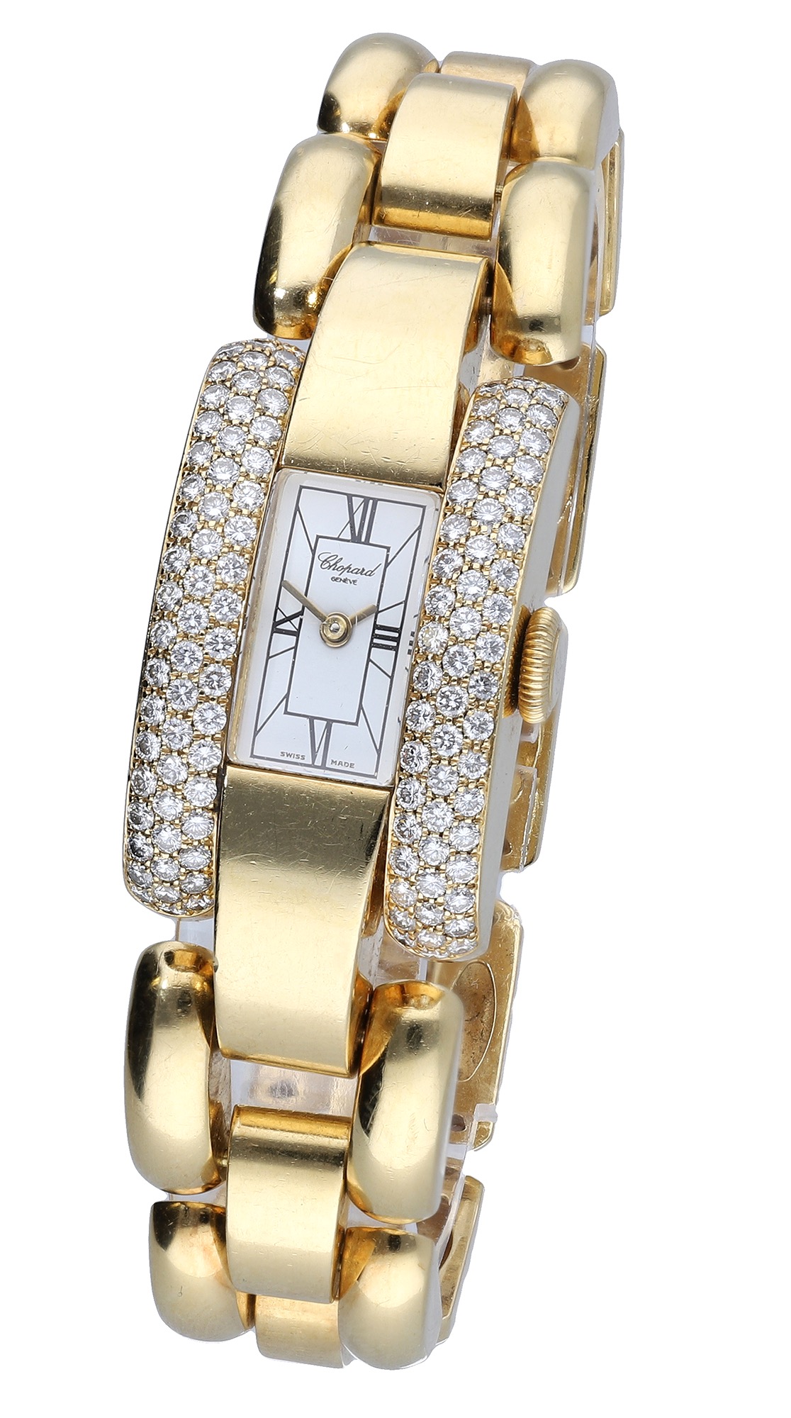 Chopard. A lady's gold and diamond-set rectangular bracelet watch, Ref. 433/1, La Strada, ci...