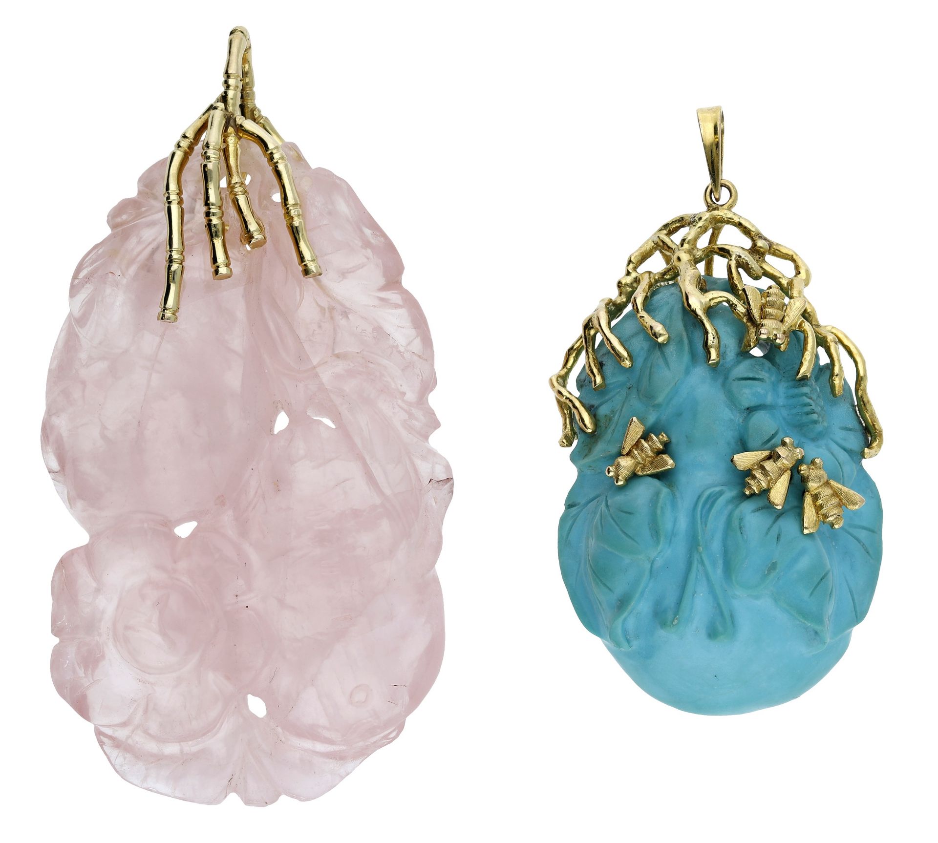 Two carved gem pendants, comprising a double-sided rose quartz pendant carved to depict flow...