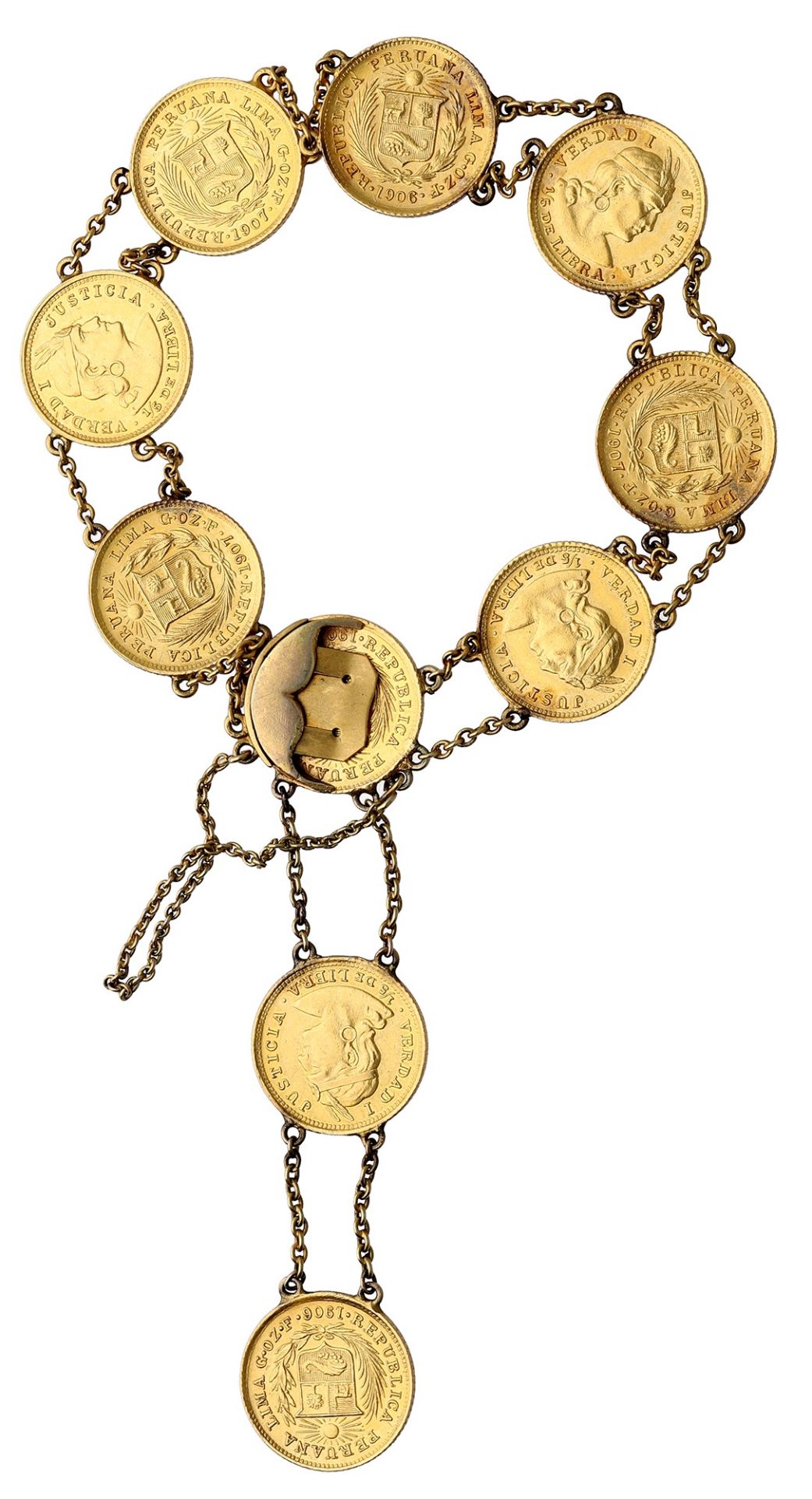 A gold coin bracelet, formed as a series of ten 1907 Peru 1/5 libra coins, between chain con... - Image 2 of 3