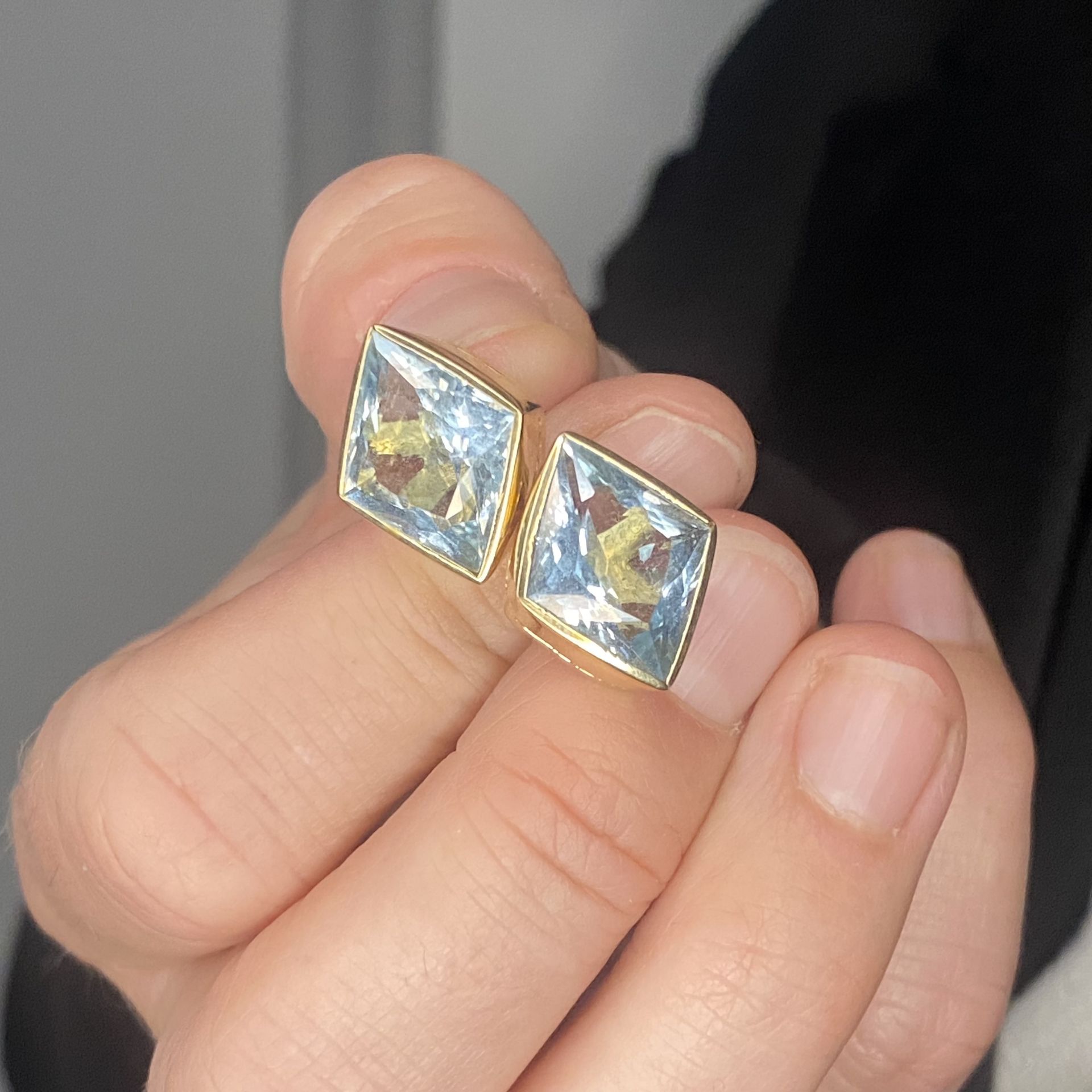 A pair of aquamarine cufflinks, the fancy-cut aquamarines collet-set to chain connections an... - Image 3 of 3