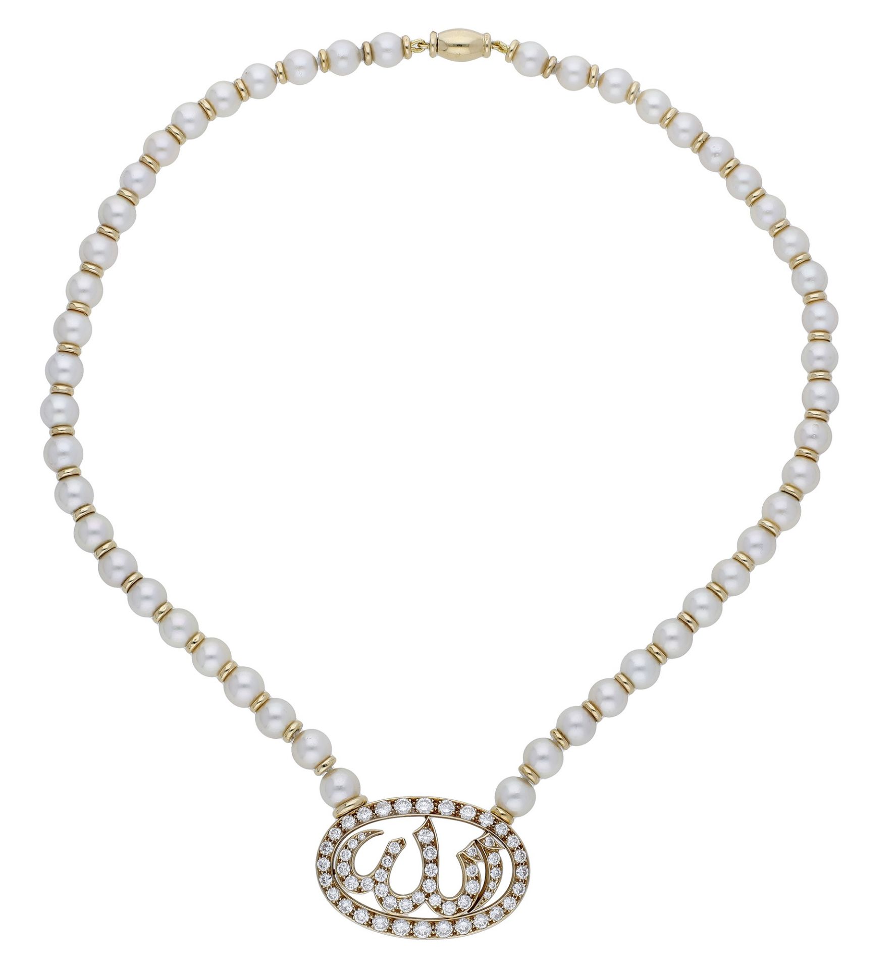 A cultured pearl and diamond necklace by Cartier, 1985, the slightly graduated cultured pear...