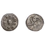 Early Anglo-Saxon Period, Sceatta, Secondary series H, type 49, facing head of Wodan on oval...