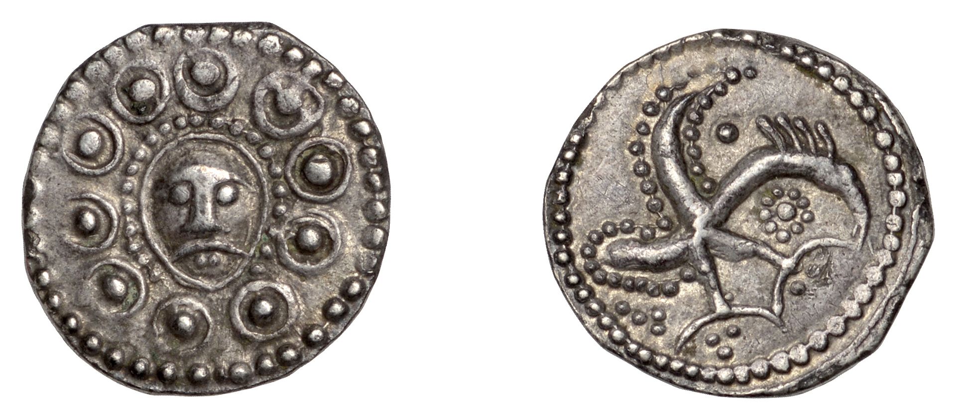 Early Anglo-Saxon Period, Sceatta, Secondary series H, type 49, facing head of Wodan on oval...