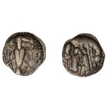 Early Anglo-Saxon Period, Sceatta, Secondary series V, type 7, she-wolf right, looking down,...