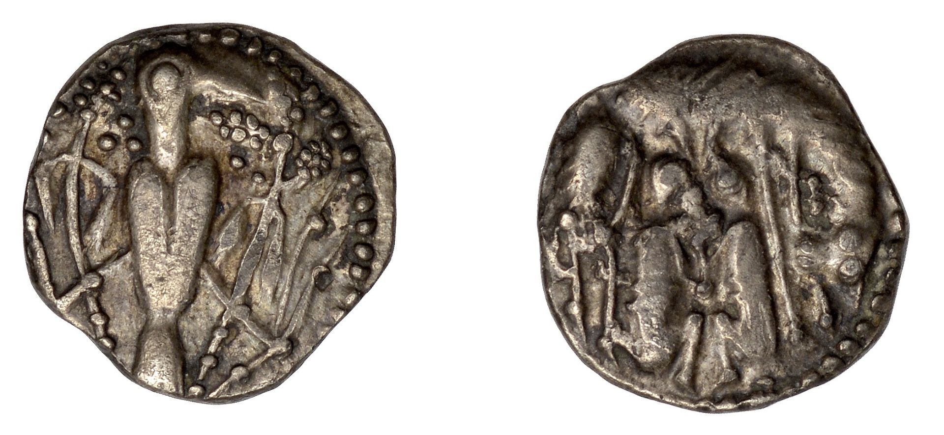 Early Anglo-Saxon Period, Sceatta, Secondary series V, type 7, she-wolf right, looking down,...